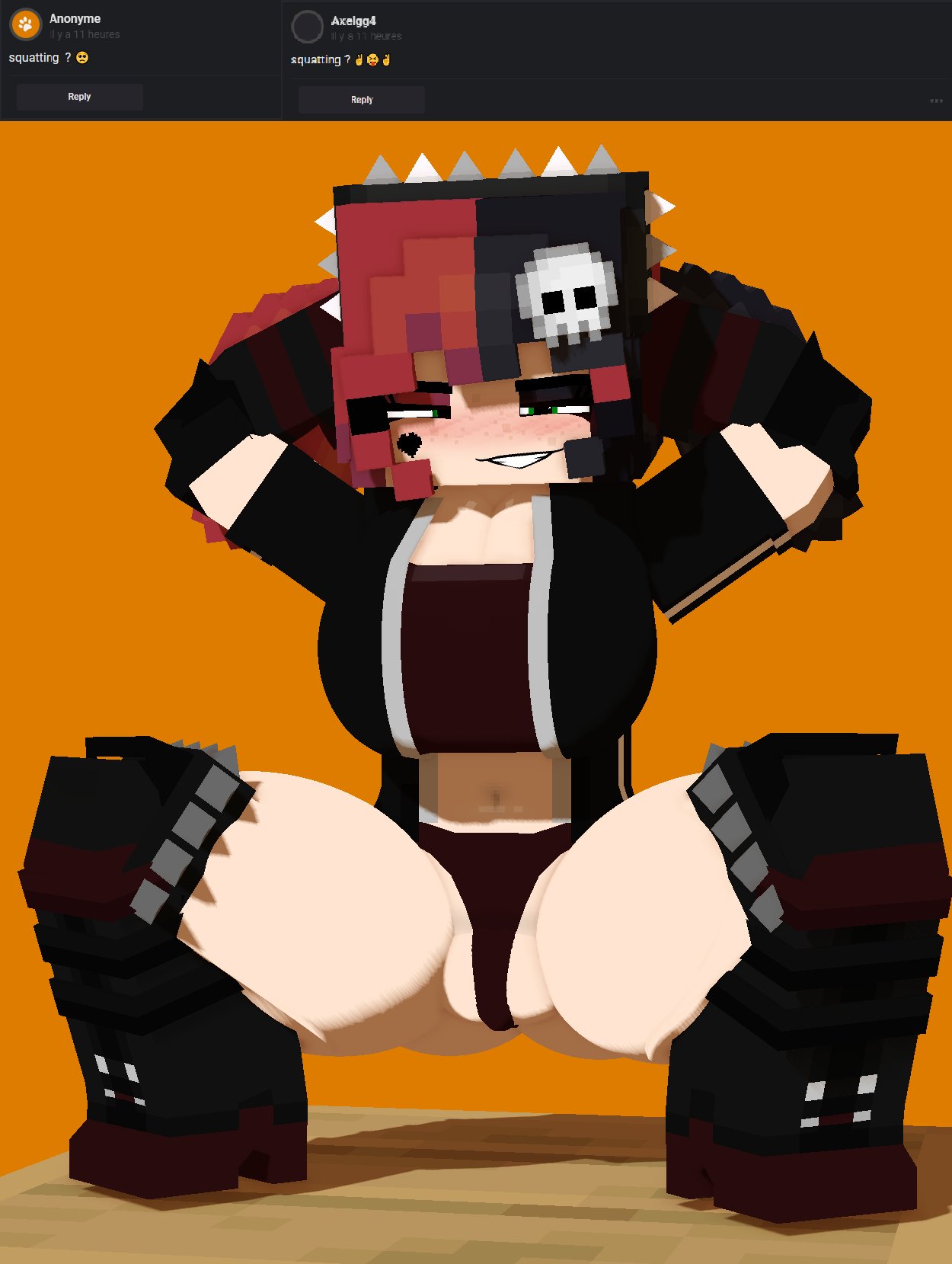 1girls, 3d, ask blog, big breasts, breasts, clothing, ellie walls (odysseyellie), face tattoo, female, female only, goth, goth girl, horny female, huge breasts, looking at viewer, mine-imator, minecraft, odysseyellie, skull hair ornament, solo, spiked hairband, squatting, tagme, tattoo, thick thighs, two-tone hair, wide hips