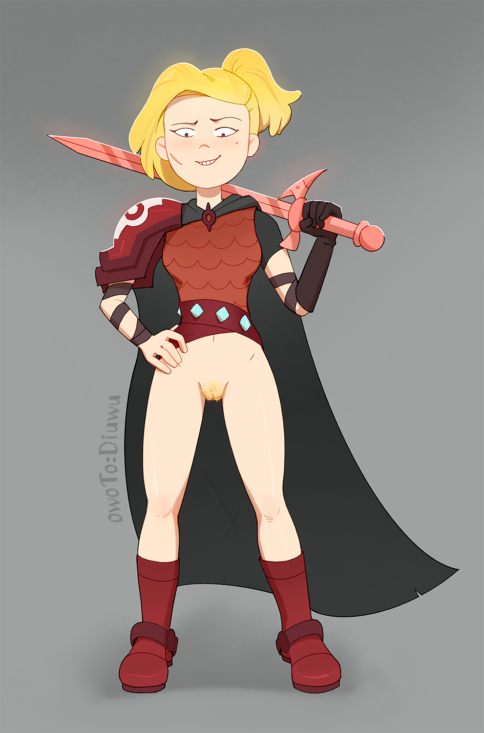 1girls amphibia armor blonde_hair boots bottomless brown_eyes cape cheek_scar exposed_pussy female_only genitals glove grin grinning hairy hairy_pussy holding_object holding_weapon looking_down owotodiuwu plain_background pubes pubic_hair pussy sasha_waybright scar slit smooth_skin solo_female sword vagina