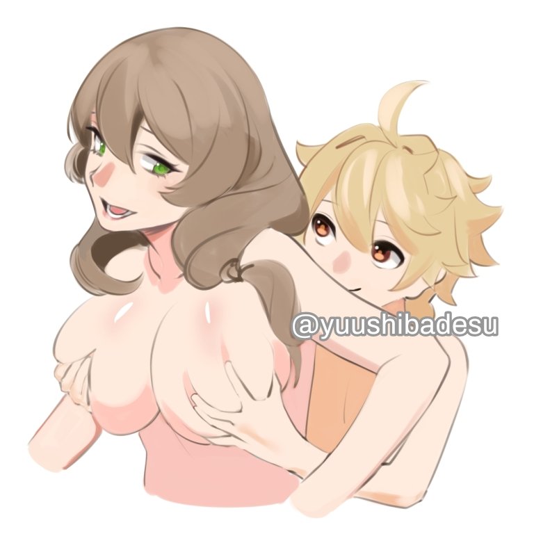 1boy, 1girls, aether (genshin impact), age difference, blonde hair, breast grab, breasts, drawing, female, genshin impact, lisa (genshin impact), long hair, lowres, male, mommy, mommy dom, sex, smiling, straight, taller girl, wip, yuushiba