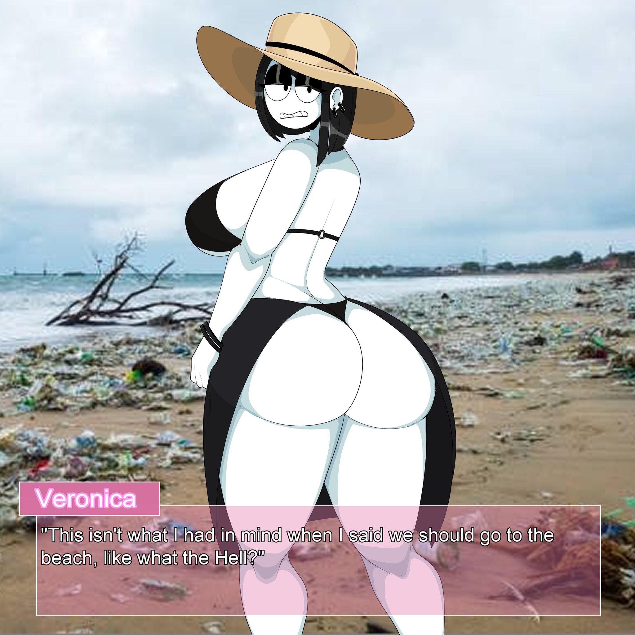 1girls, ass, beach, big ass, big breasts, bikini, black hair, breasts, bubble ass, bubble butt, date, ear piercing, earrings, female, female only, goth, hat, huge ass, looking at viewer, looking back, piercing, saltynoodles, swimsuit, text box, thick thighs, trash, veronica (saltynoodles), white skin, wide hips