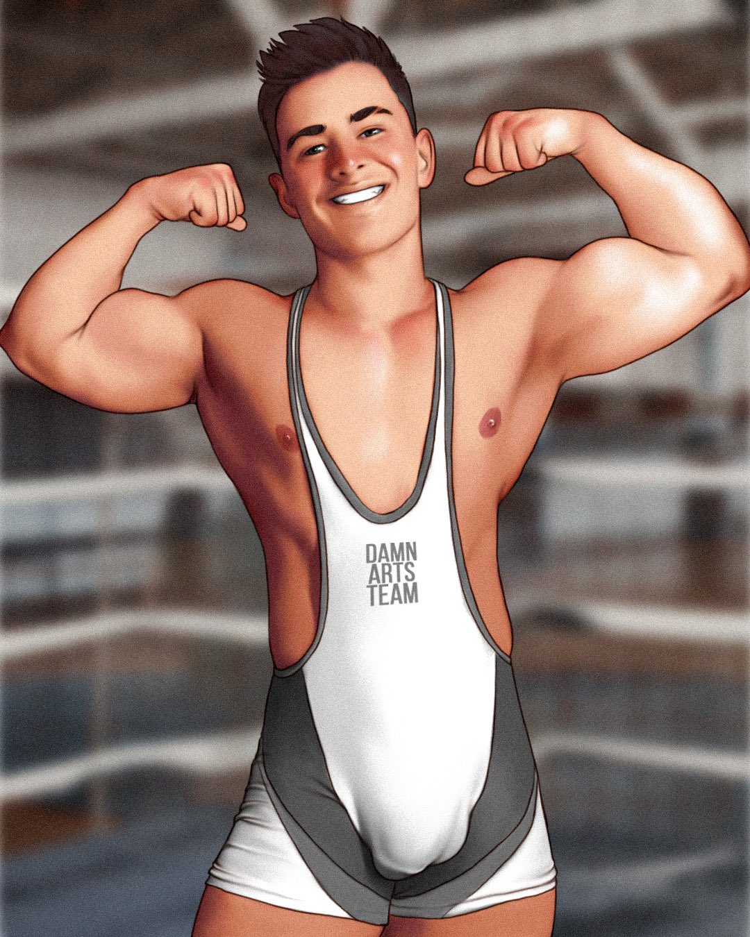 1boy big_bulge bulge caucasian caucasian_male damnarts flexing huge_bulge looking_at_viewer male male_only muscles muscular muscular_male singlet smiling_at_viewer solo solo_male wrestler wrestling_outfit