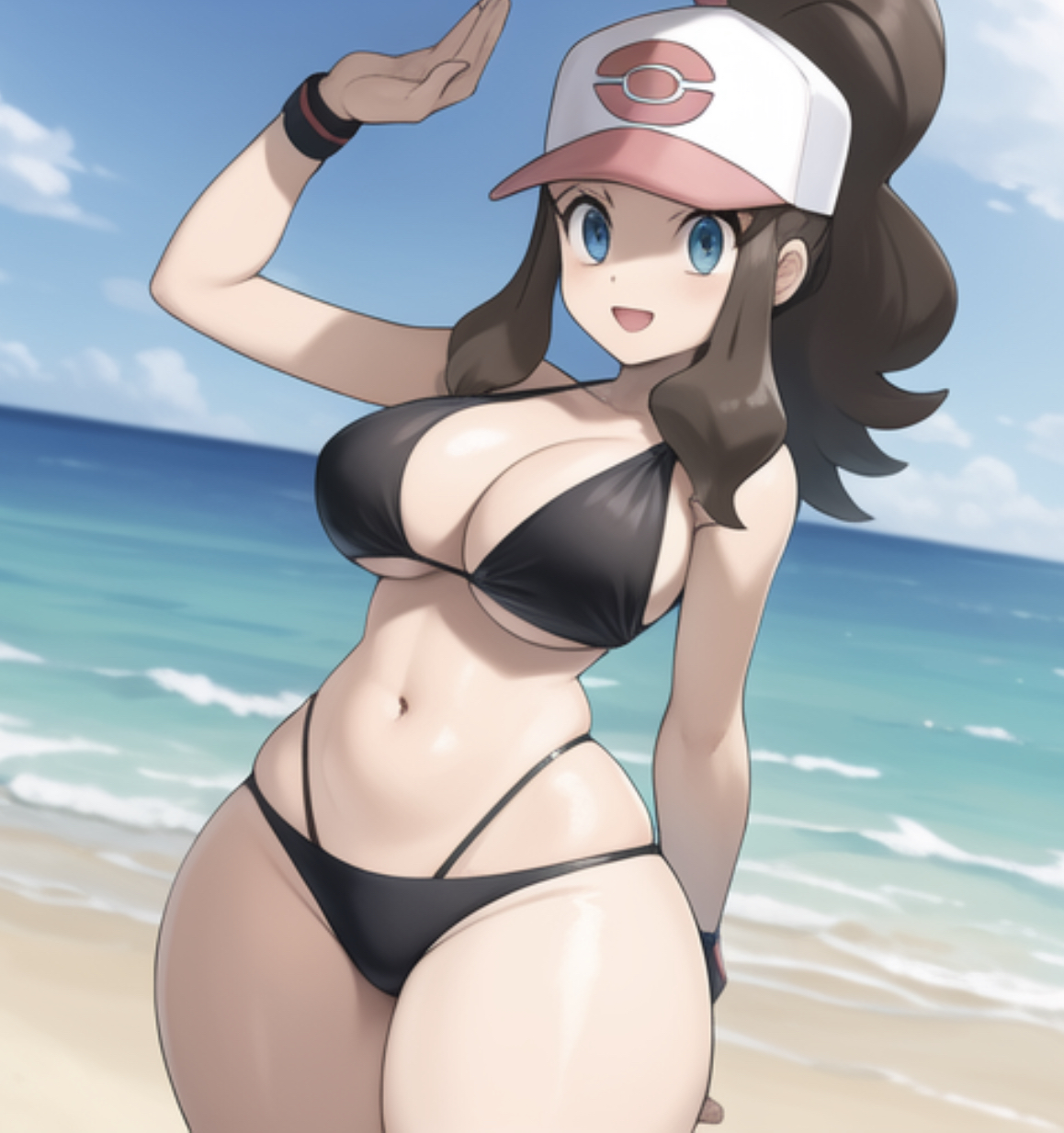 ai generated, baseball cap, beach, big breasts, bikini, black bikini, black swimsuit, blue eyes, breasts, brown hair, female, hilda (pokemon), pokemon, pokemon bw, swimsuit, thick thighs, younger female