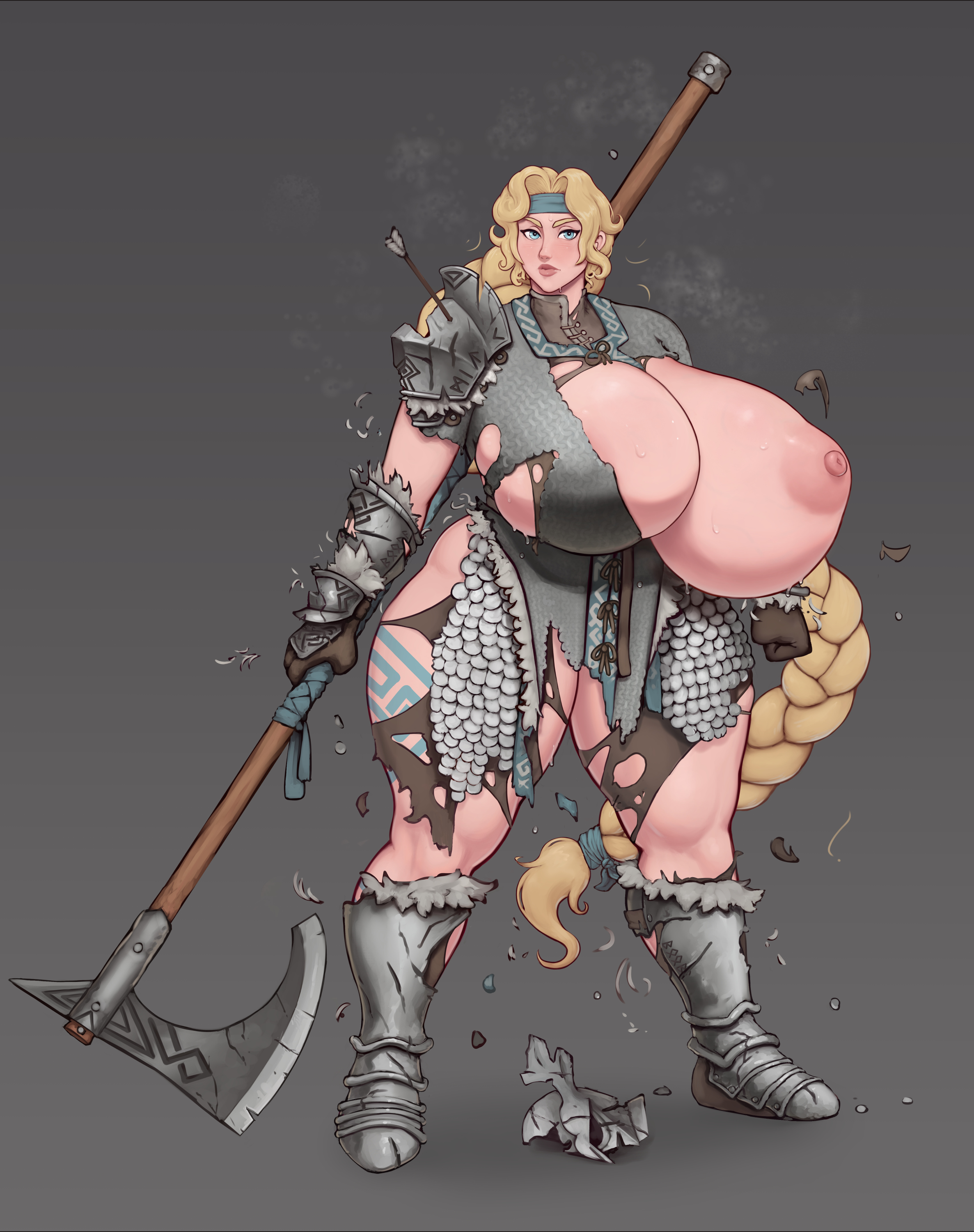 1girls, areolae, armor, axe, big breasts, blonde hair, breasts, broken armor, busty, child bearing hips, exposed breasts, exposed nipples, female, huge breasts, large breasts, massive breasts, muscular, muscular female, muscular legs, muscular thighs, nipples, nordic, original character, plump, shinyglute, solo, sweat, sweating, tattoo, thick hips, thick thighs, torn clothes, torn clothing, valkyrie, venus body, voluptuous, weapon, wide hips