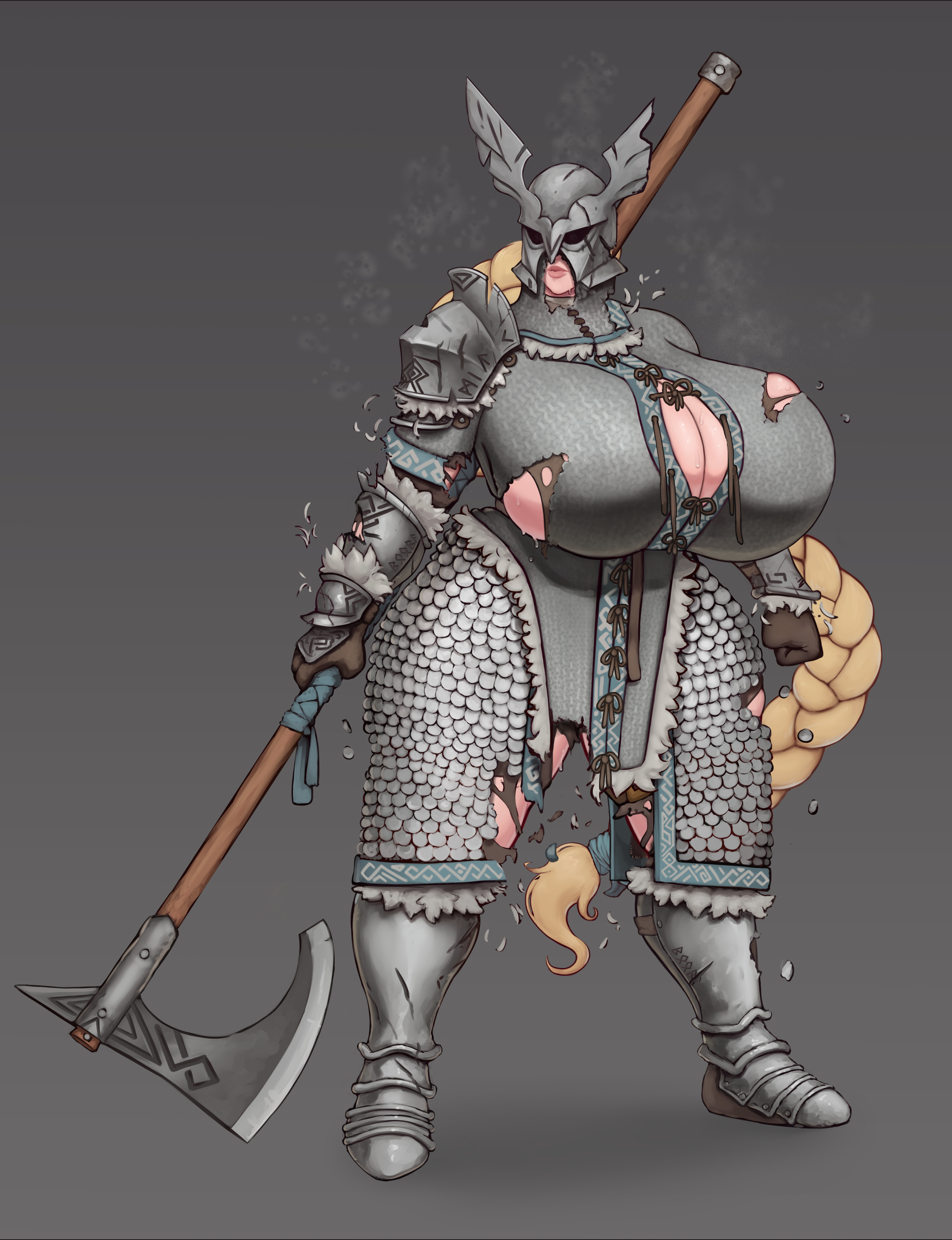 1girls, armor, axe, big breasts, blonde hair, breasts, broken armor, busty, child bearing hips, female, huge breasts, large breasts, massive breasts, nordic, original character, plump, shinyglute, solo, sweat, sweating, thick hips, thick thighs, torn clothes, torn clothing, valkyrie, venus body, voluptuous, weapon, wide hips