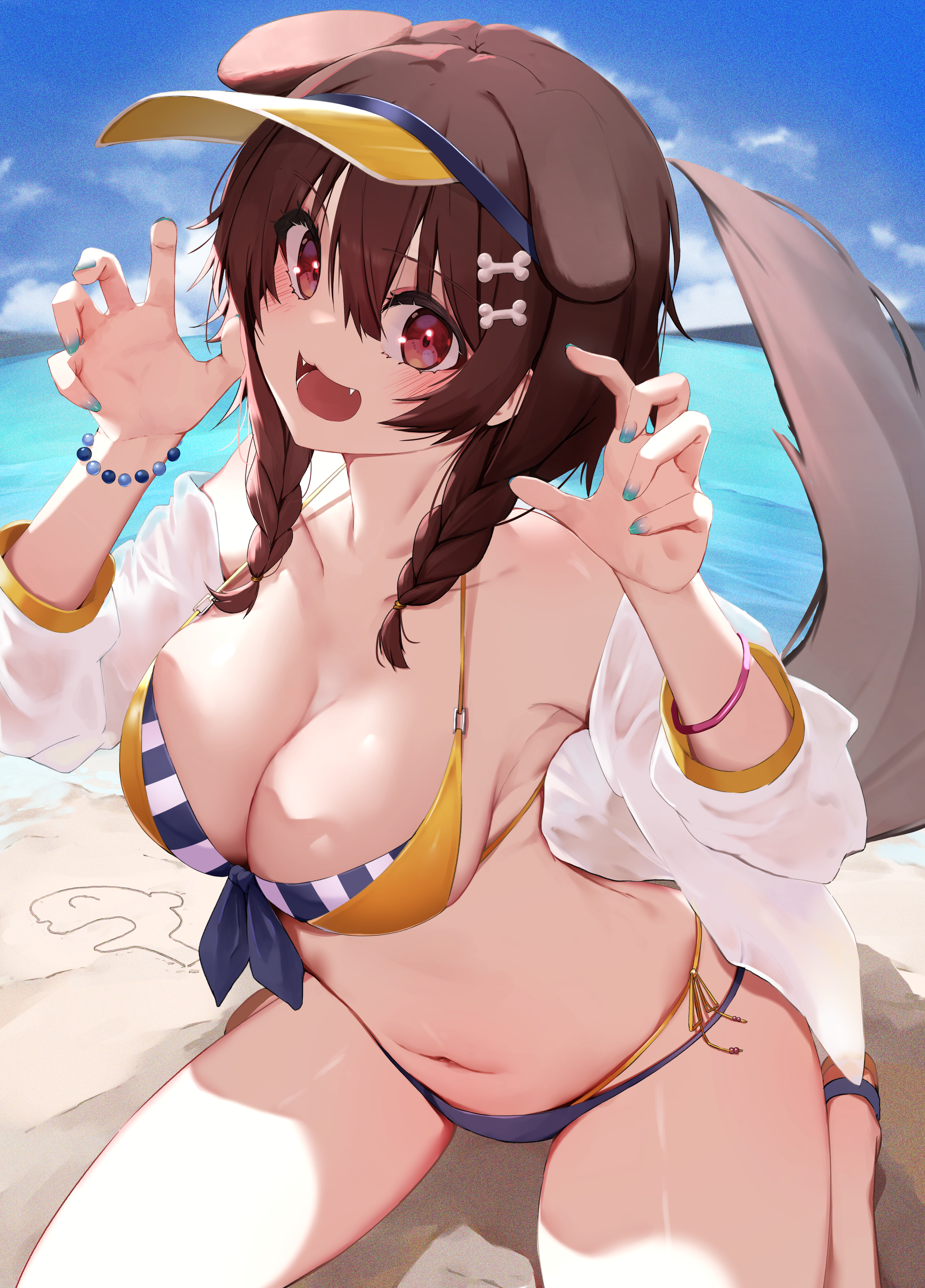 1girls, absurdres, animal ears, aqua nails, armpits, bangs, bare arms, beach, bead bracelet, beads, bikini, blue sky, blush, bone hair ornament, bracelet, braid, breasts, brown hair, brown tail, claw pose, cloud, day, dog girl, dog tail, fangs, female, female only, floppy ears, front-tie top, hair ornament, hair over shoulder, halterneck, highres, hololive, hololive gamers, hololive japan, inugami korone, jewelry, large breasts, light skin, light-skinned female, mikaku i, multicolored bikini, multicolored clothes, nail polish, navel, ocean, off shoulder, open clothes, open mouth, open shirt, outdoors, red eyes, sand, shirt, side-tie bikini, sidelocks, sitting, sky, solo, stomach, string bikini, striped, striped bikini, swimsuit, tail, tail raised, thighs, twin braids, virtual youtuber, visor cap, white shirt, yellow bikini