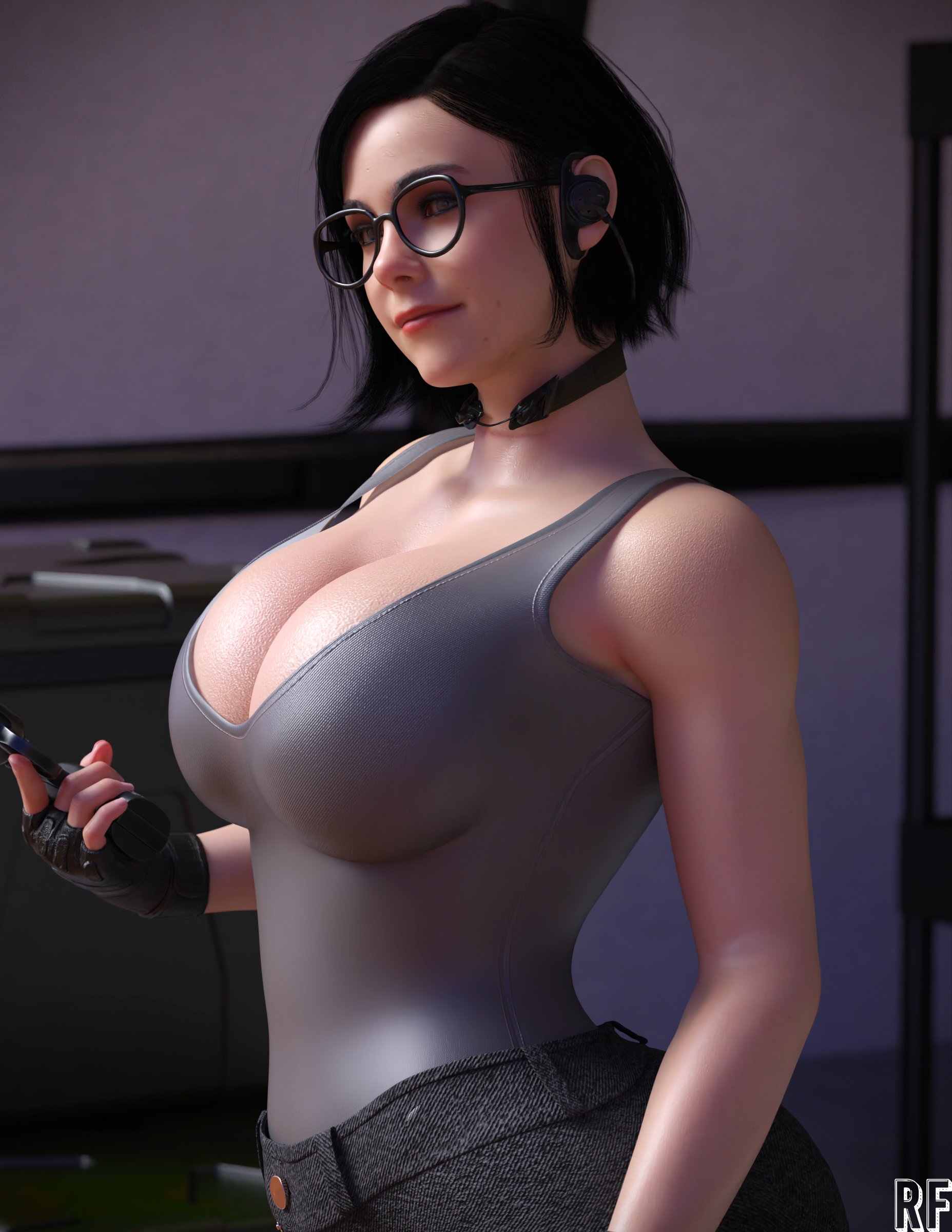 1girls, 3d, absurd res, big breasts, black hair, breasts, british, call of duty, call of duty black ops cold war, cleavage, clothed, clothed female, european, female, female only, fingerless gloves, fully clothed, glasses, gloves, helen park (cod), hi res, large breasts, rude frog, solo, solo female