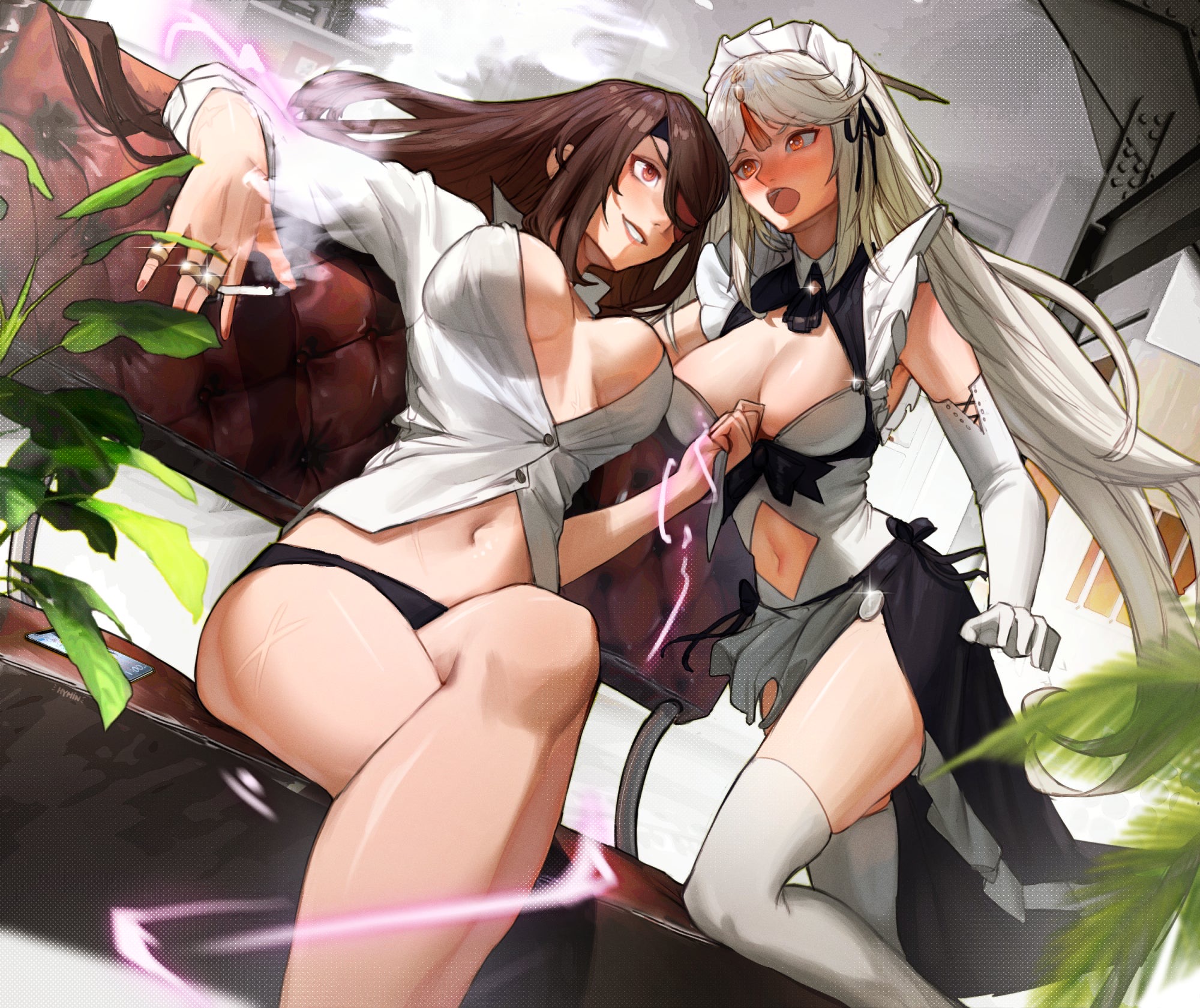 2girls, beidou (genshin impact), eyepatch, female, genshin impact, hymin art, lesbian, long hair, maid, ningguang (genshin impact), no bra, office clothing, pulling shirt, shocked expression, yuri