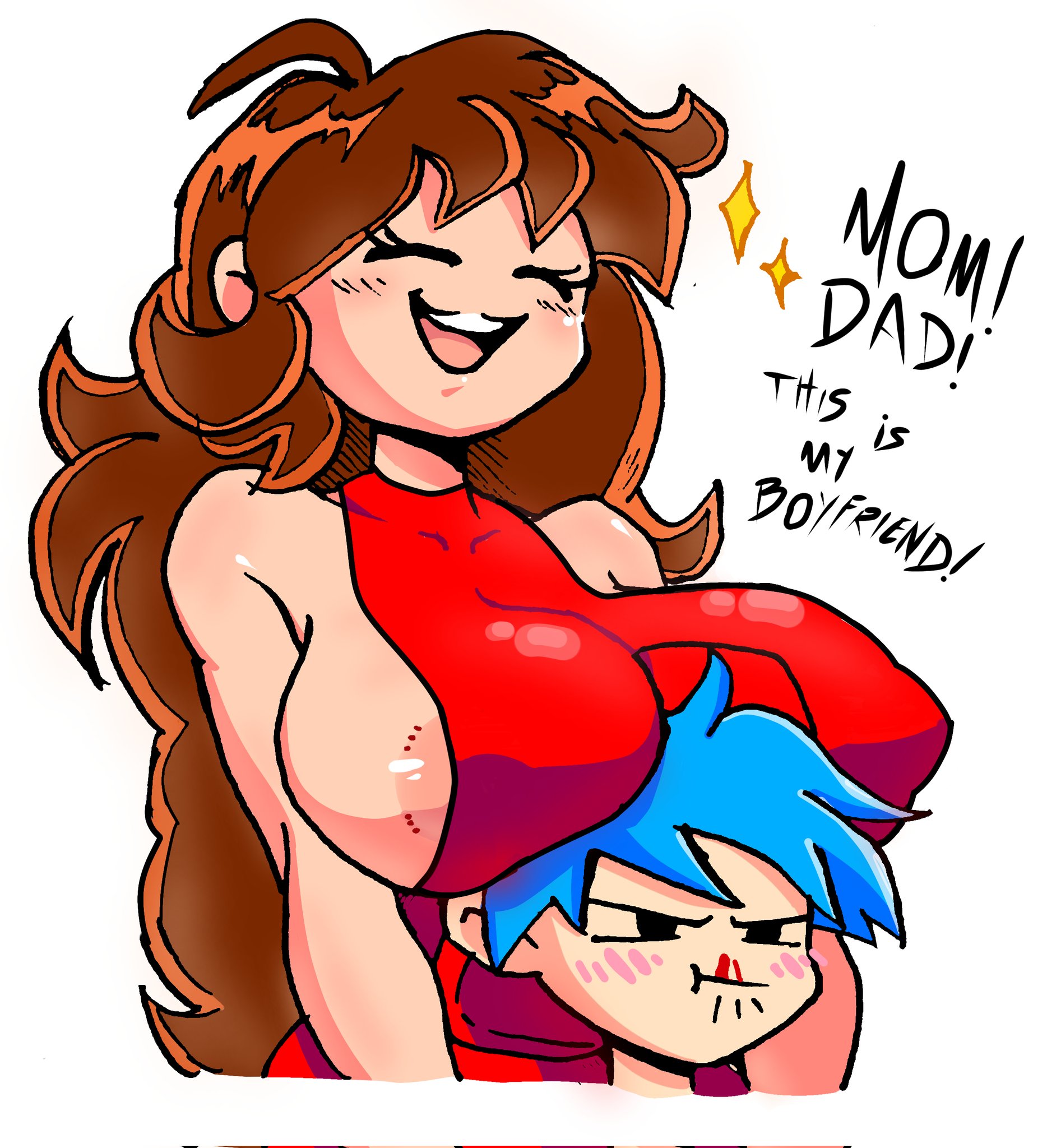 1boy, 1girls, alternate version at source, areola, areola slip, backwards baseball cap, big breasts, blue hair, blush, boyfriend (friday night funkin), breasts, embarrassed, female, friday night funkin, girlfriend (friday night funkin), head between breasts, long hair, male, nosebleed, quavernsfw, simple background, smaller male, sparkles, taller female, text, tight leotard