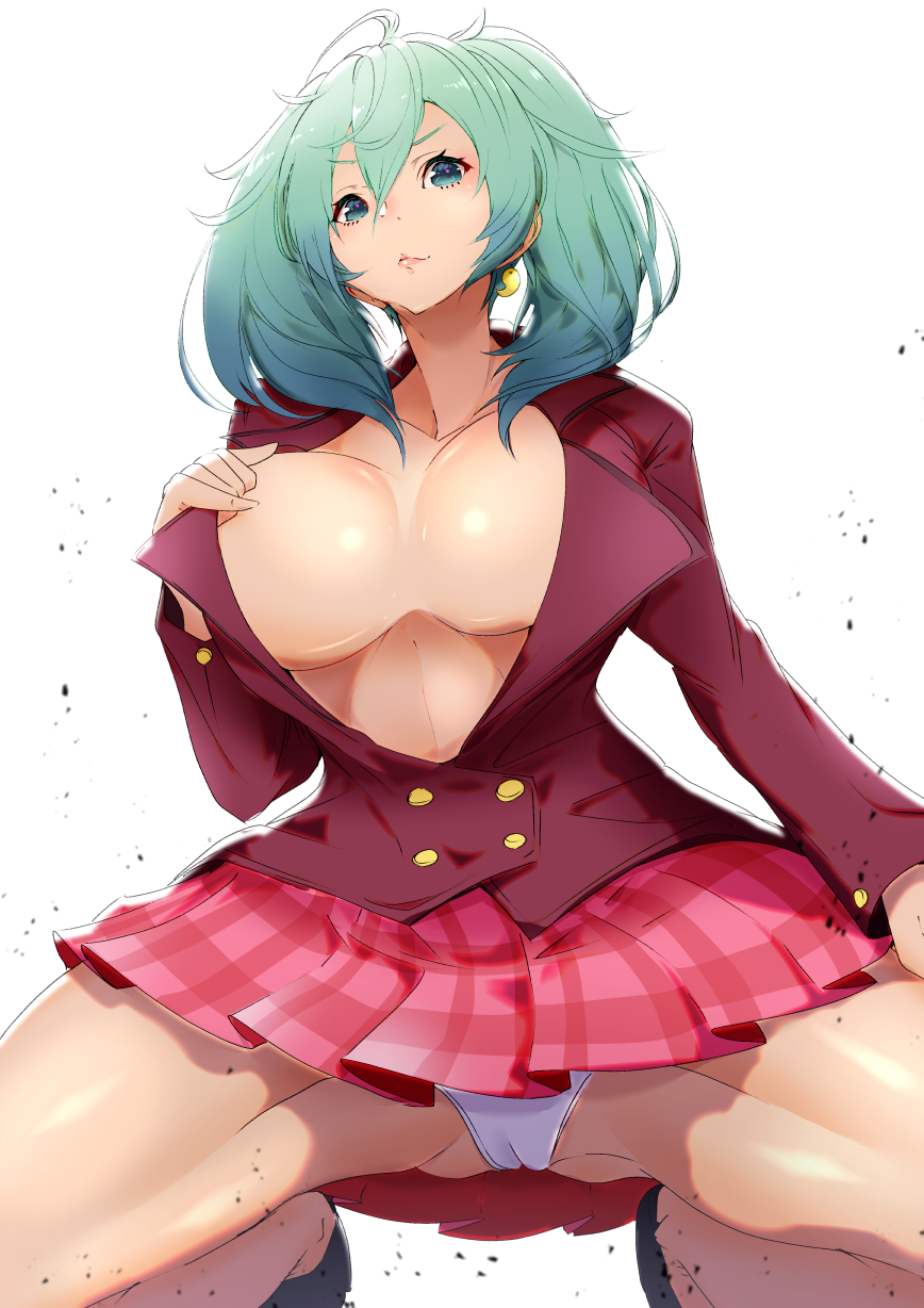 ahoge backlighting cameltoe closed_mouth earrings female gradient gradient_hair green_eyes green_hair hair_between_eyes highres ikkitousen jewelry long_hair magatama magatama_earrings multicolored_hair panties pink_skirt plaid plaid_skirt ryofu_housen sakusakusakurai shiny shiny_skin single_earring skirt smile solo spread_legs twintails underwear white_background white_panties