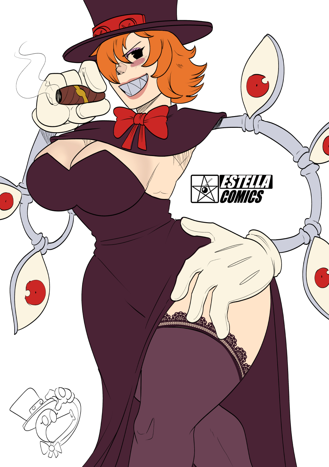 1girls, aged up, ass, big ass, big breasts, big butt, big hips, big thighs, breasts, cleavage, estella comics, female, female focus, female only, hat, hourglass figure, huge ass, huge breasts, huge butt, huge hips, huge thighs, mannyestella, mob face, mrestella, orange hair, peacock (skullgirls), sharp teeth, skullgirls, smile, tagme, wide hips