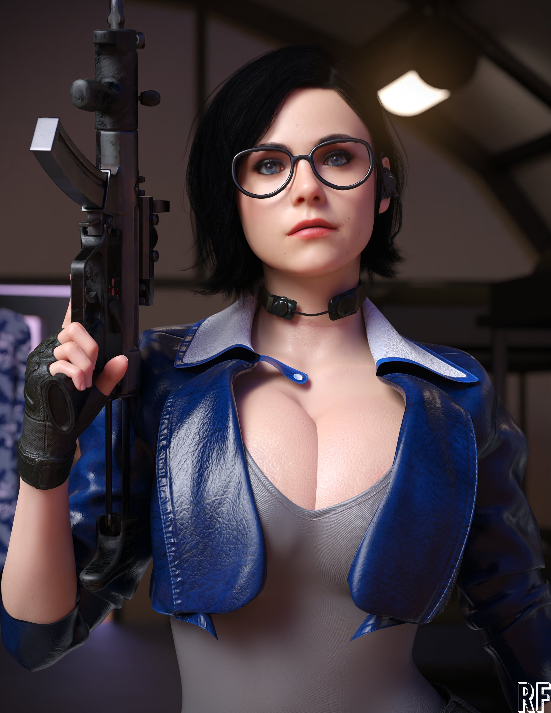 1girls, 3d, absurd res, black hair, breasts, british, call of duty, call of duty black ops cold war, cleavage, clothed, clothed female, european, female, female only, fingerless gloves, fully clothed, glasses, gloves, gun, helen park (cod), hi res, large breasts, looking at viewer, rude frog, solo, solo female