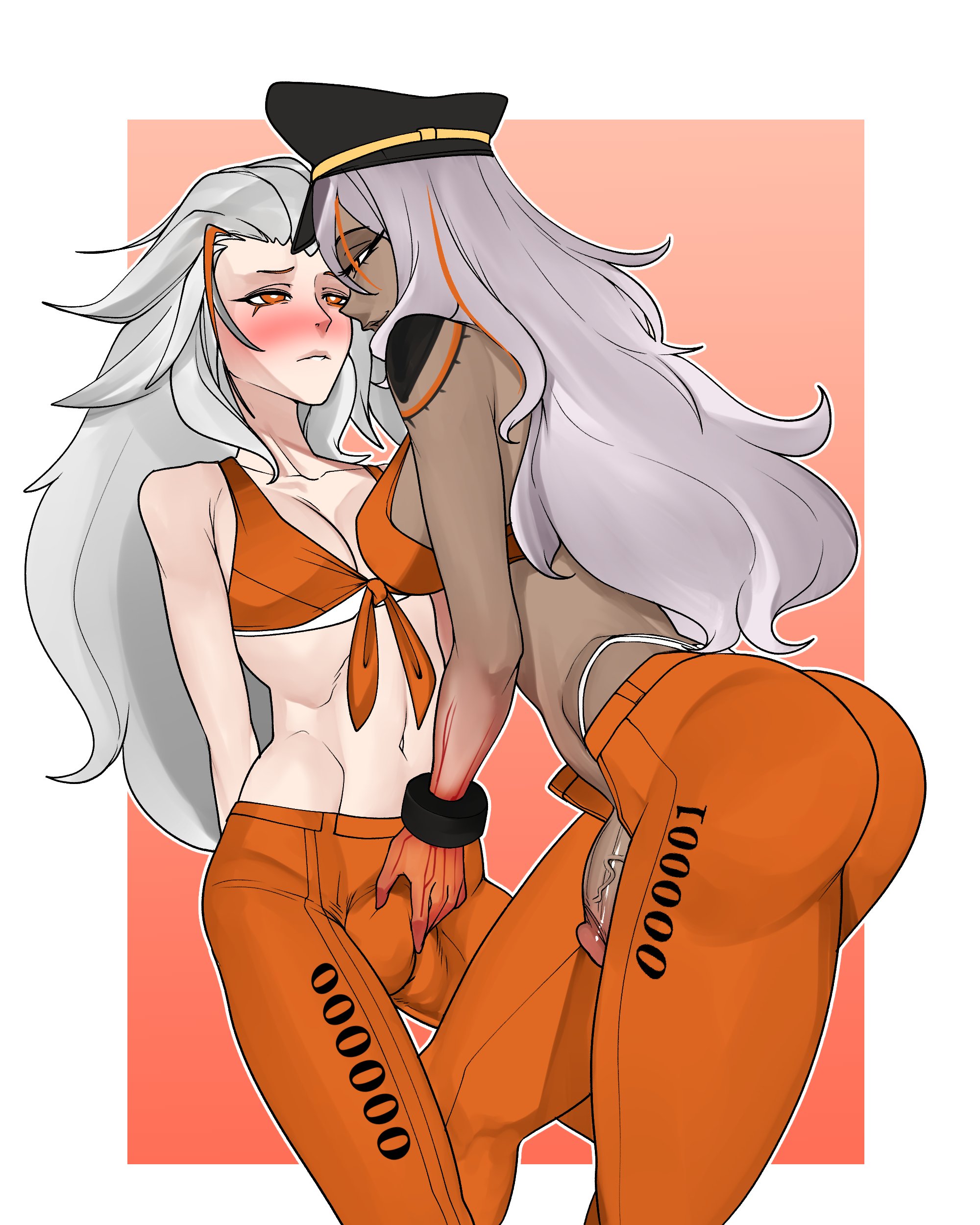 2022, 2futas, ai: the somnium files, ai: the somnium files - nirvana initiative, aiba (ai: the somnium files), big penis, bikini, biting lip, blush, breasts, bulge, clothed, clothing, dark skin, dark-skinned futa, duo, erection, fully clothed, futa only, futanari, half-closed eyes, human, intersex, light skin, light-skinned futa, long hair, looking at another, mostly clothed, noodledoodles, orange hair, penis, standing, tama (ai: the somnium files), two-tone hair, white hair