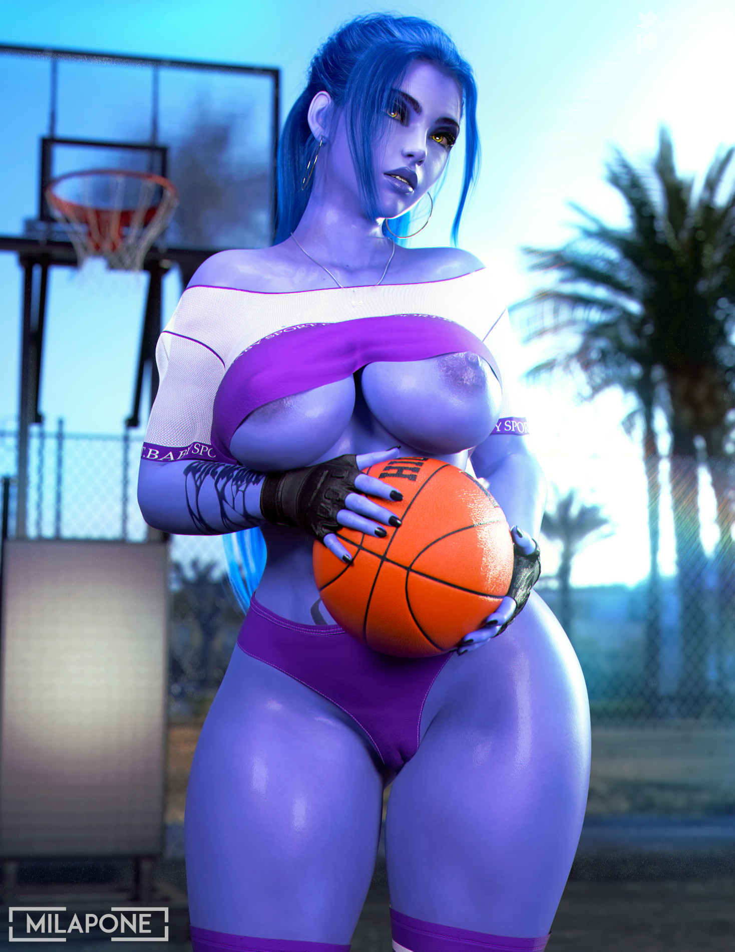 1girls, 3d, barely clothed, basketball, blue hair, breasts, cameltoe, earrings, female, female only, fingerless gloves, hi res, hoop earrings, large breasts, milapone, nipples, overwatch, purple skin, pussy, solo, thick thighs, thighhighs, underwear, widowmaker