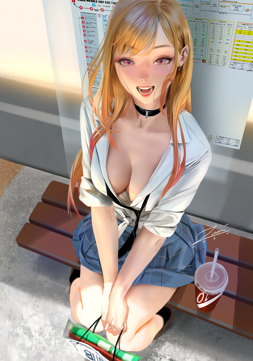 1girls 2022 ankle_socks anklehighs black_socks blonde blonde_hair breasts brown_loafers cleavage female female_only gyaru kitagawa_marin large_breasts light-skinned_female light_skin loafers long_hair looking_at_viewer outdoors pale-skinned_female realistic red_eyes school_uniform schoolgirl short_skirt skirt smile socks solo solo_female sono_bisque_doll_wa_koi_wo_suru zumi