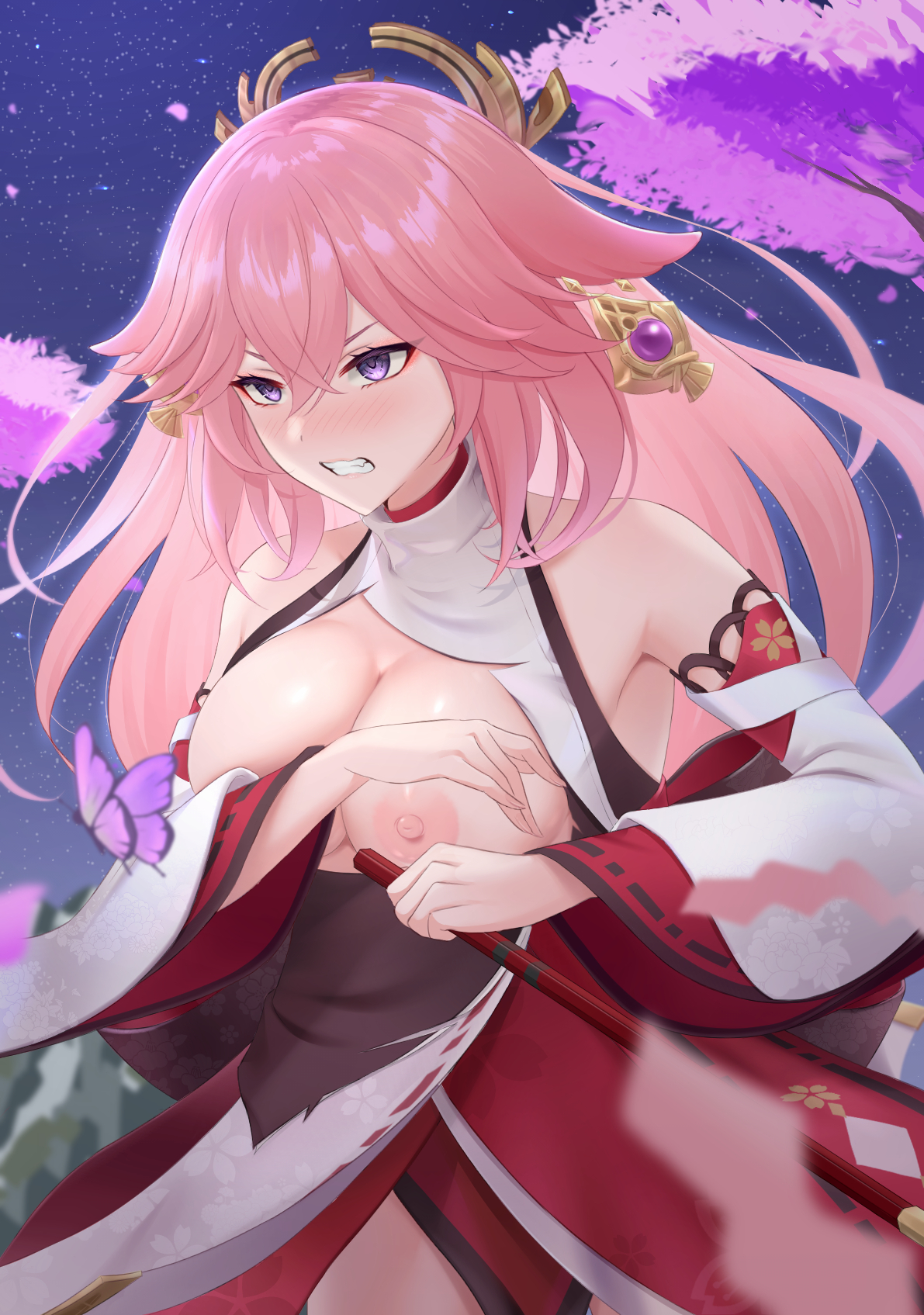 angry, animal ears, bangs, bare shoulders, blush, breasts, bug, butterfly, cleavage, clenched teeth, detached sleeves, earrings, embarrassed, female, fox ears, genshin impact, hair between eyes, hair ornament, highres, humiliation, insects, japanese clothes, jewelry, large breasts, long hair, long sleeves, looking at viewer, nipples, pink hair, purple eyes, run sho, solo, torn clothes, turtleneck, very long hair, wide sleeves, yae miko