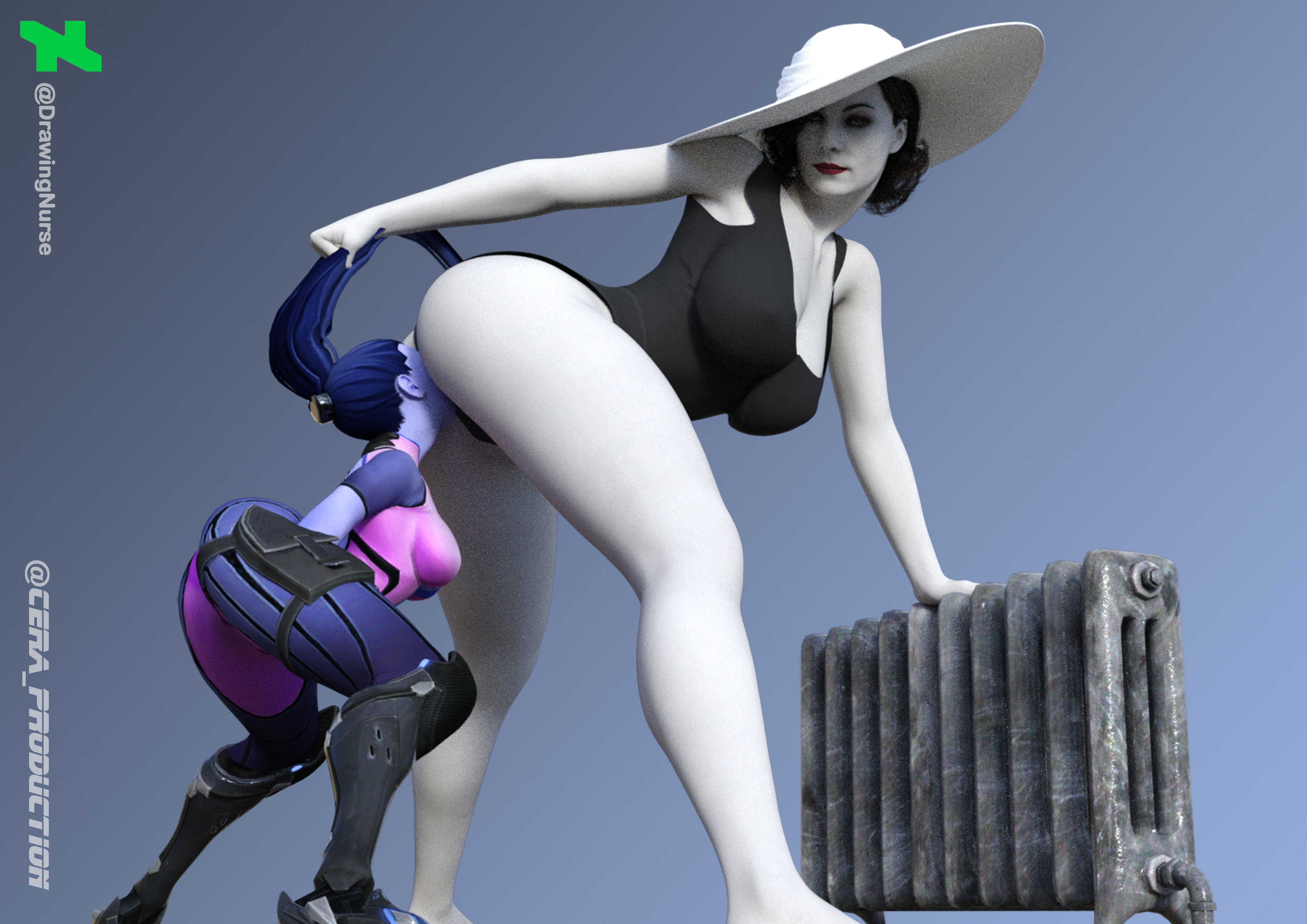 3d, alcina dimitrescu, blizzard entertainment, capcom, crossover, facesitting, female, female/female, overwatch, resident evil, resident evil 8: village, widowmaker
