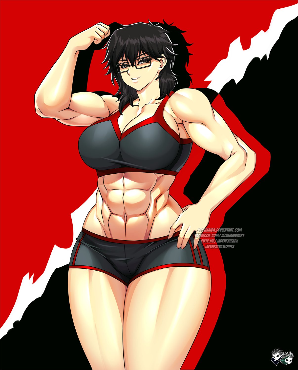 1girls, abs, akira kurusu, biceps, black hair, buff, female, flexing, genderswap, glasses, jadenkaiba, joker (persona), muscles, muscular, muscular female, persona, persona 5, ren amamiya, rule 63, shiny skin, smiling, smiling at viewer