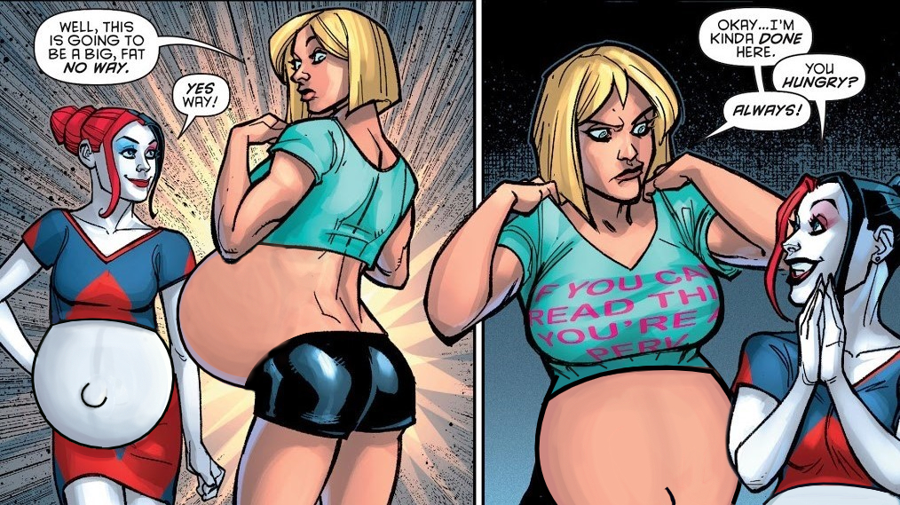 2girls alex_sinclair batman_(series) belly big_belly big_breasts breasts chad_hardin dc_comics edit female female_only harley_quinn hyper_belly jtng23 kara_zor-l karen_starr multiple_pregnancies pregnant screenshot_edit speech_bubble superman_(series)