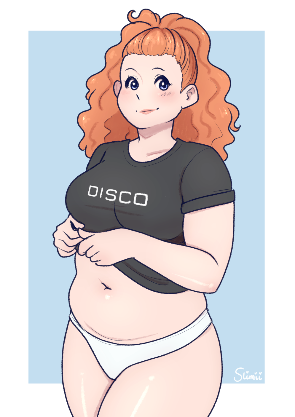 2022 artist_name belly blue_background blush chubby female human looking_at_viewer navel panties red_hair slimii smiling_at_viewer solo star_trek star_trek_discovery sylvia_tilly text undressing white_background