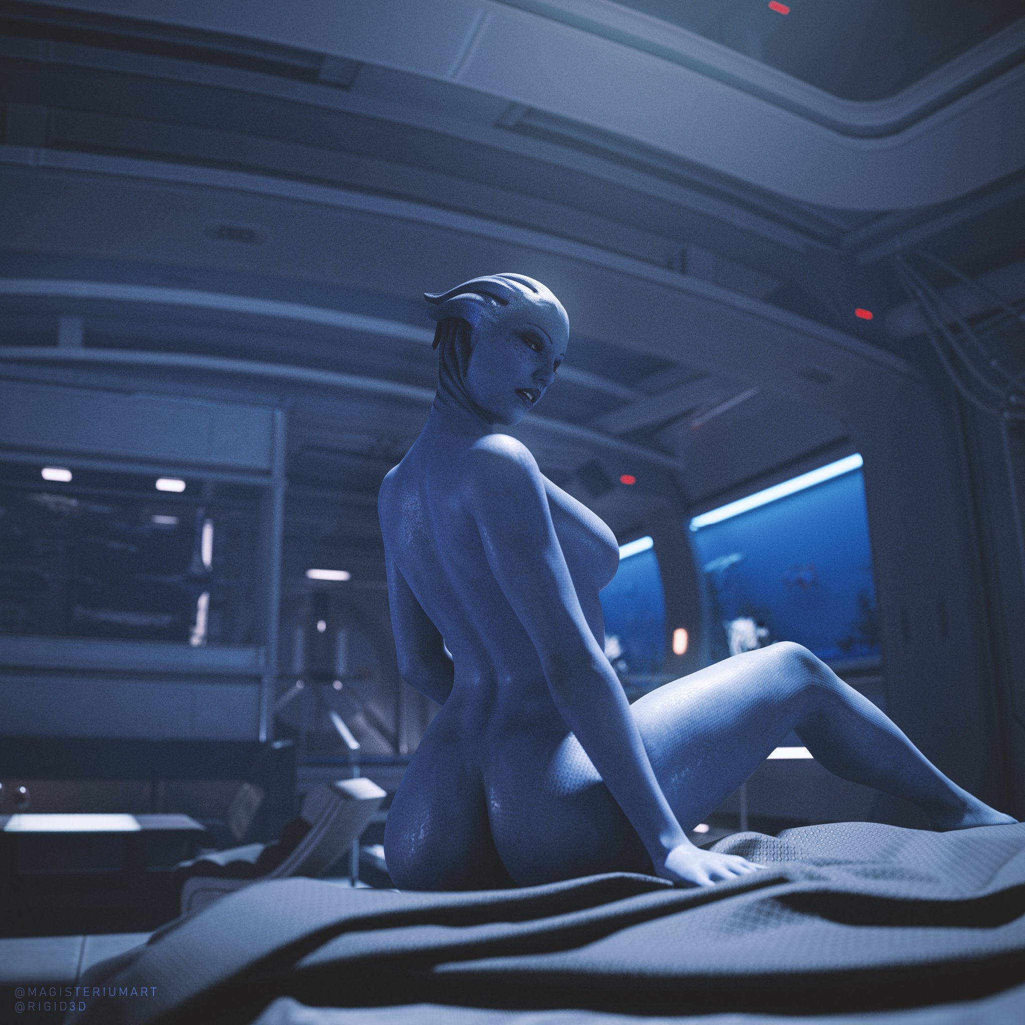 1girls, 3d, asari, ass, bed, blue skin, female, female only, liara t'soni, magisteriumart, mass effect, seductive look, solo, tagme
