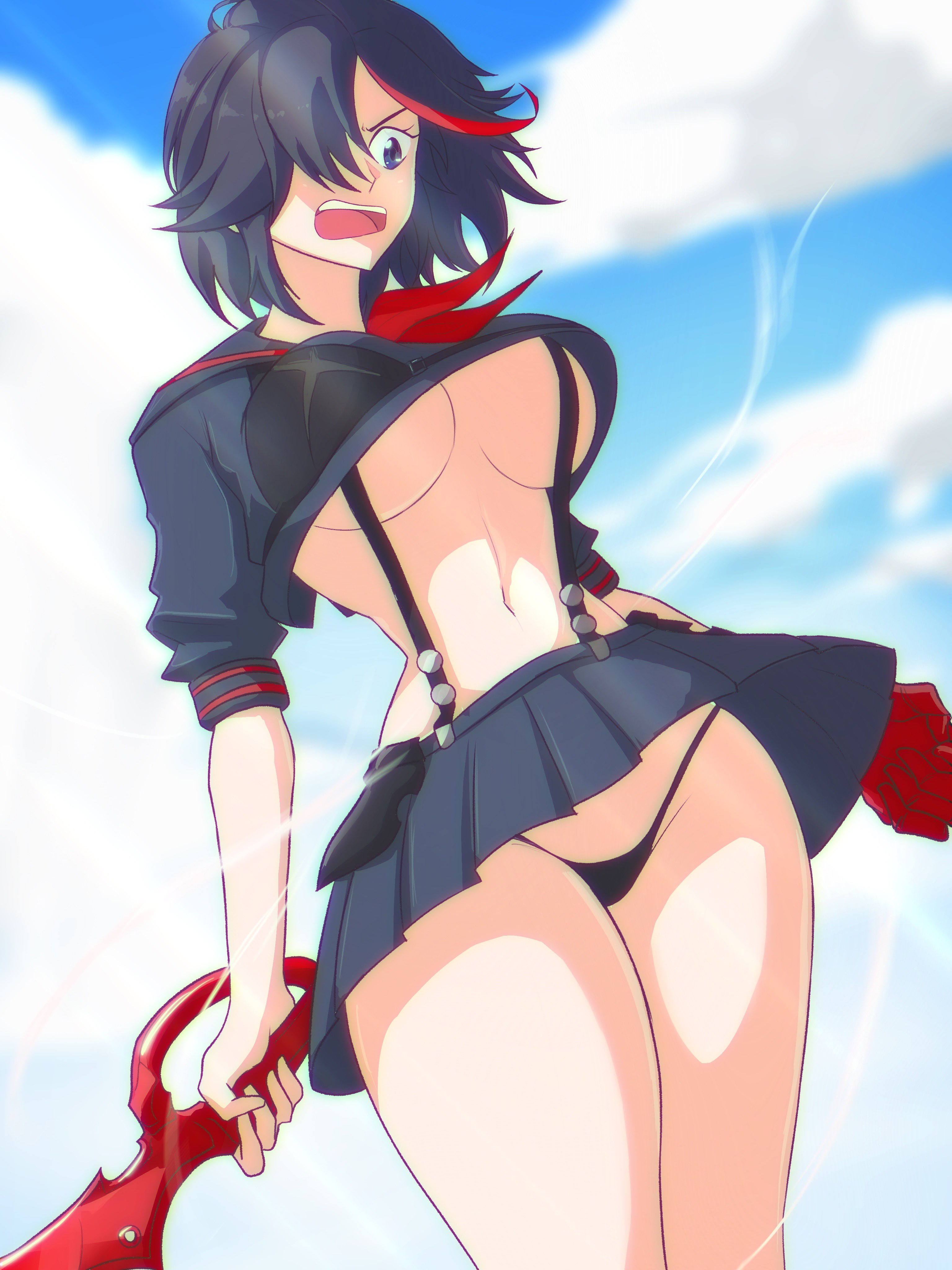 1girls, big breasts, black hair, black-haired female, blue eyes, breasts, female, female focus, female only, kill la kill, light skin, matoi ryuuko, opalisart, short hair, skirt, skirt lift, solo, solo female, standing, thick thighs, thighs, thong, two-tone hair
