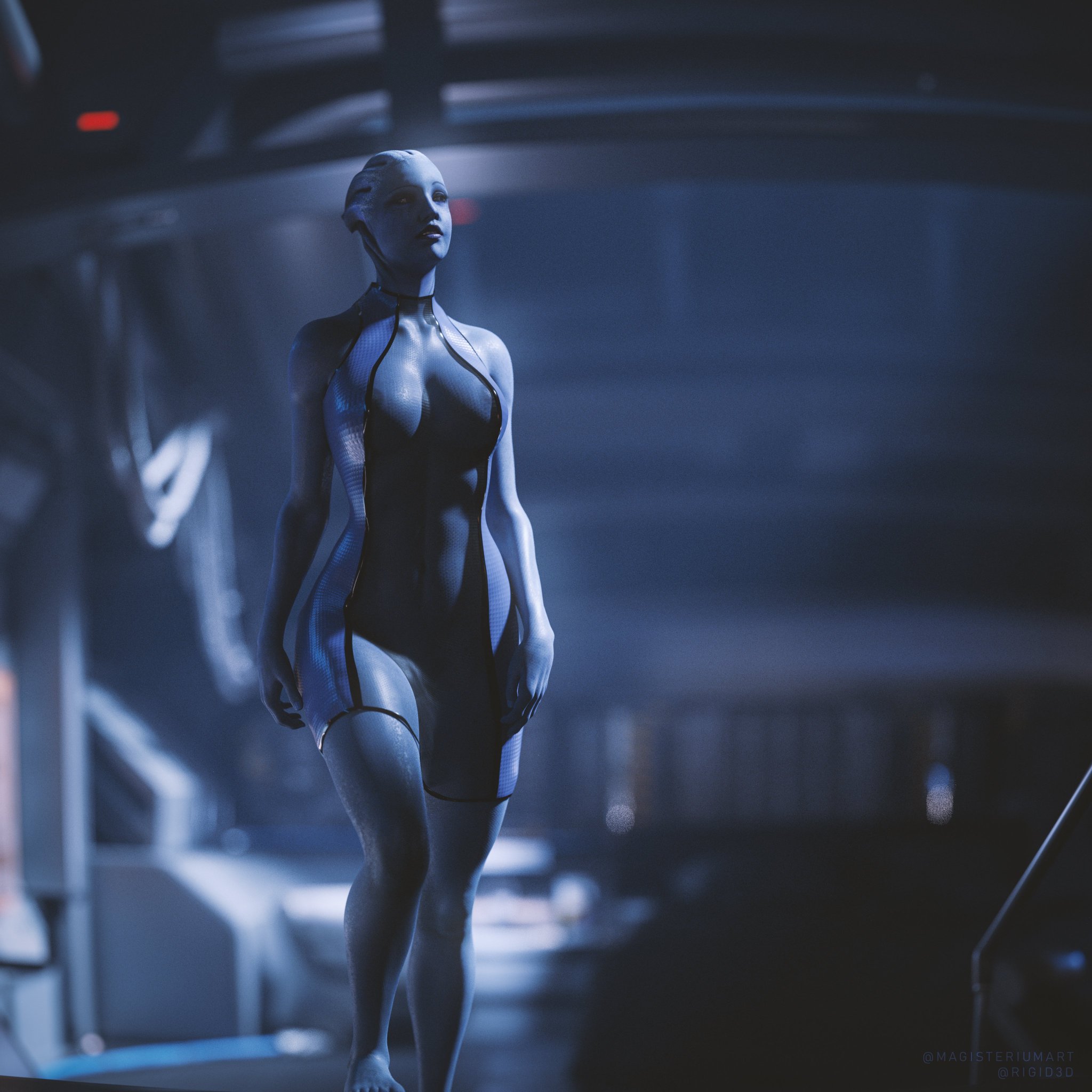1girls, 3d, asari, blue skin, breasts, female, female only, liara t'soni, magisteriumart, mass effect, mesh dress, see-through clothing, solo, tagme