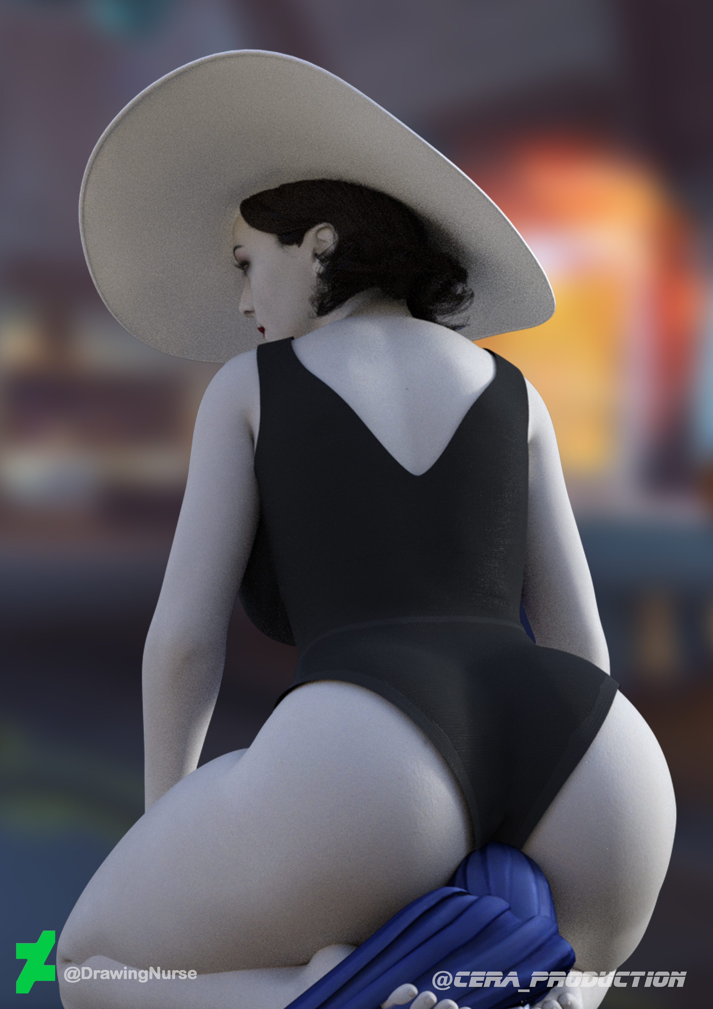 1girls, 3d, alcina dimitrescu, ass, black hair, blizzard entertainment, blue hair, breasts, capcom, cera production, crossover, eastern and western character, facesitting, female, humping, kneeling, looking to the side, masturbation, one-piece swimsuit, overwatch, resident evil, resident evil 8: village, sideboob, swimsuit, white hat, widowmaker, yuri