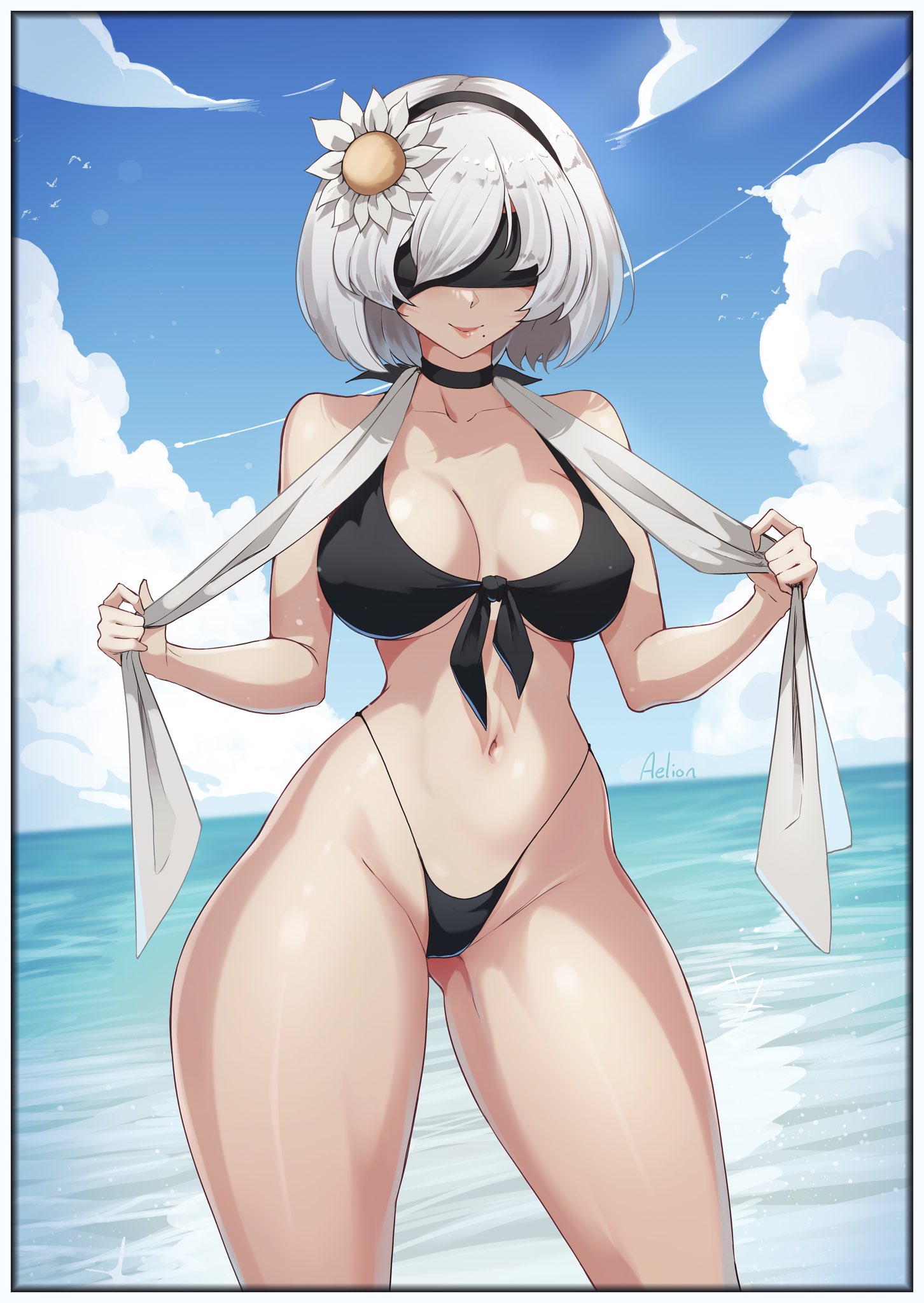 1girls, aelion draws, black blindfold, blindfold, breasts, clothed female, curvaceous, curvy, curvy female, female, light skin, light-skinned female, looking at viewer, nier, nier: automata, short hair, smiling, smiling at viewer, solo, solo female, swimsuit, thighs, voluptuous, white hair, yorha 2b