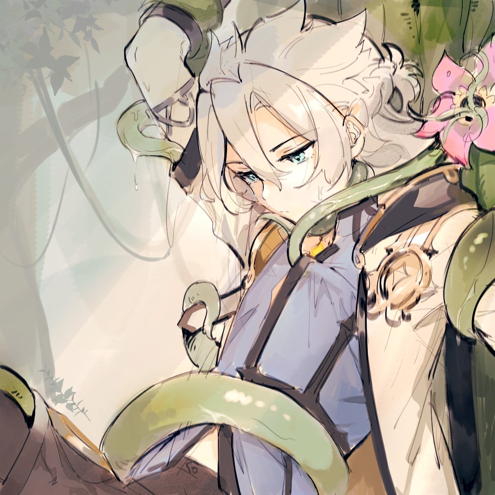 albedo (genshin impact), blonde hair, blue eyes, close-up, clothed, flower, genshin impact, male, male only, plant, suggestive, tentacle, tentacle on male, tentacles, tiny0v0, vines