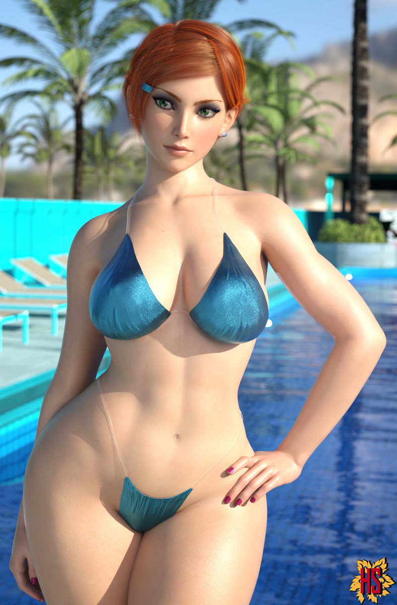 1girls, 3d, aged up, alternate version available, ben 10, ben 10 (classic), bikini, cartoon network, cleavage, curvy, erect nipples, female, female only, ginger, ginger hair, green eyes, gwen tennyson, gwen tennyson (classic), hagiwara studio, human, human only, light skin, light-skinned female, makeup, nail polish, nipples, orange hair, painted nails, pool, poolside, realistic, red hair, short hair, skimpy, solo, solo female, swimsuit, thick lips, thick thighs, thong bikini, voluptuous, voluptuous female, wide hips