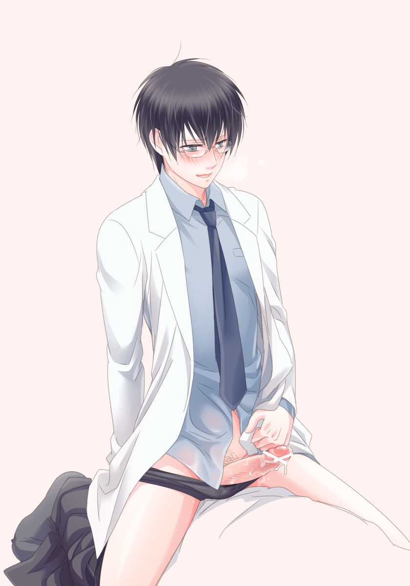 alternate_costume bar_censor black_hair blue_eyes blush breath erection gintama glasses hijikata_toshiro kneeling konikou_(konico) labcoat male male_only necktie pants_down penis penis_out pillow precum smile solo straddling underwear uniform