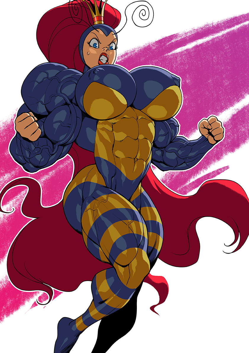 1girls abs big_hair blue_eyes bodysuit broad_shoulders clenched_teeth covered_nipples crown earthworm_jim_(franchise) feet_out_of_frame female_only huge_breasts hyper_muscles lips lipstick muscular_arms muscular_female muscular_legs muscular_thighs pokkuti ponytail princess_what's-her-name red_hair simple_background skin_tight solo standing striped_bodysuit thick_thighs veiny_muscles very_long_hair