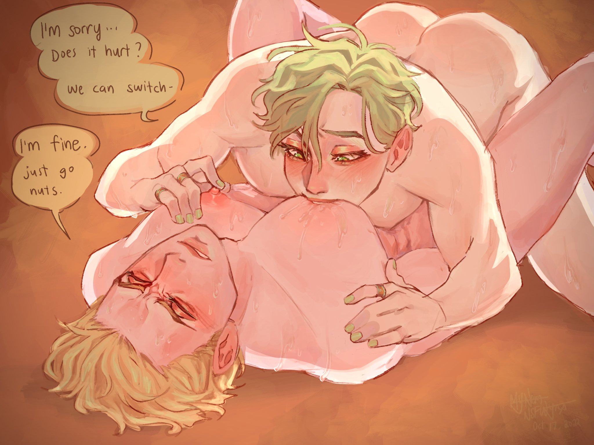 bite, biting nipple, gay, male, male only, mynemwynx, nipple play, nipple suck, nipple sucking, nipple tweak, nu: carnival, olivine (nu: carnival), playing with nipple, quincy (nu: carnival)