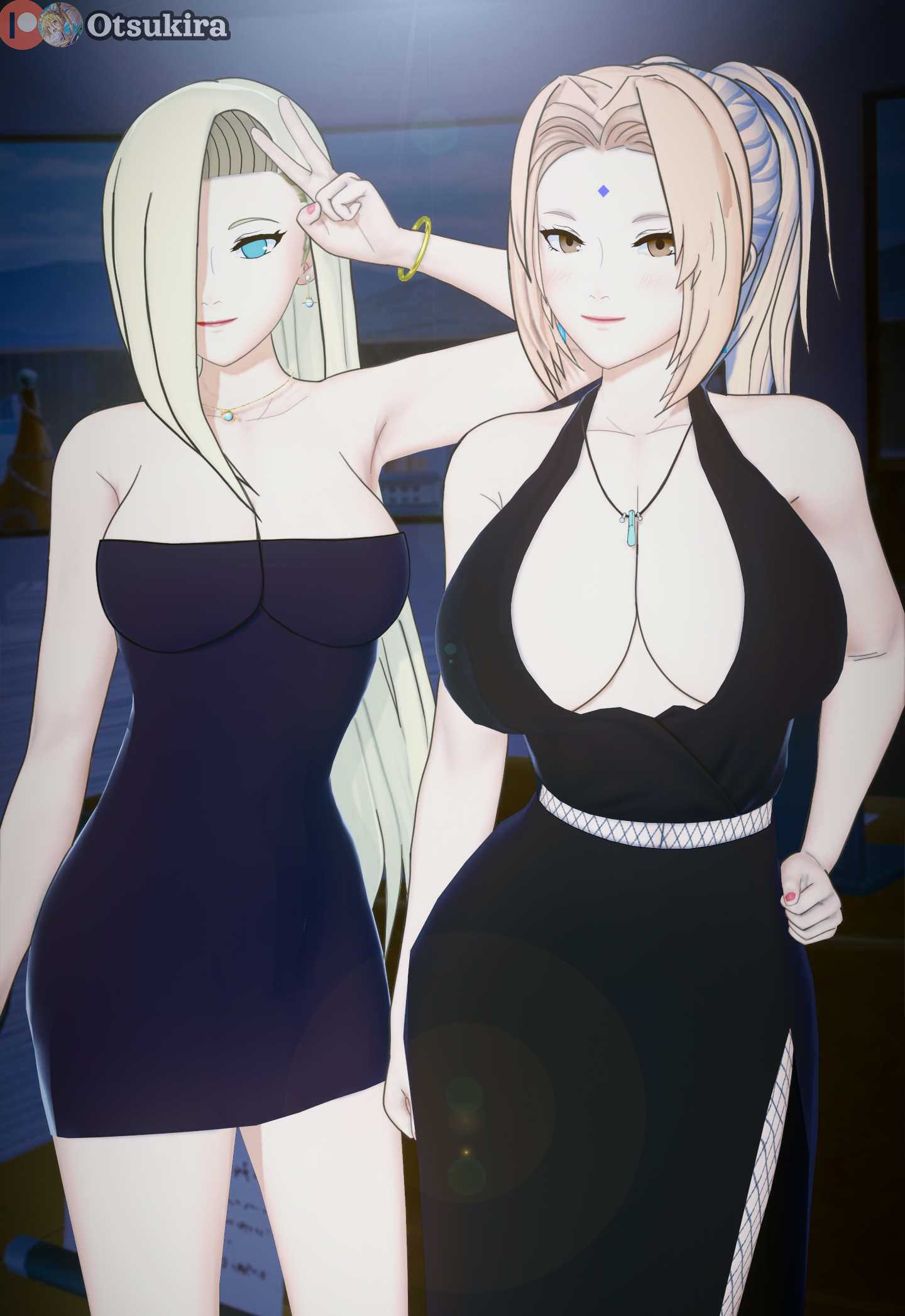 2girls, age difference, alternate hairstyle, big breasts, blonde hair, blue eyes, breasts, brown eyes, busty, cleavage, dress, earrings, female, female only, highres, huge breasts, ino yamanaka, jewelry, koikatsu, large breasts, lipstick, makeup, mature, mature female, milf, multiple females, multiple girls, naruto, naruto (series), naruto shippuden, naruto: the last, no bra, otsukira, revealing clothes, smile, teacher and student, tsunade, voluptuous