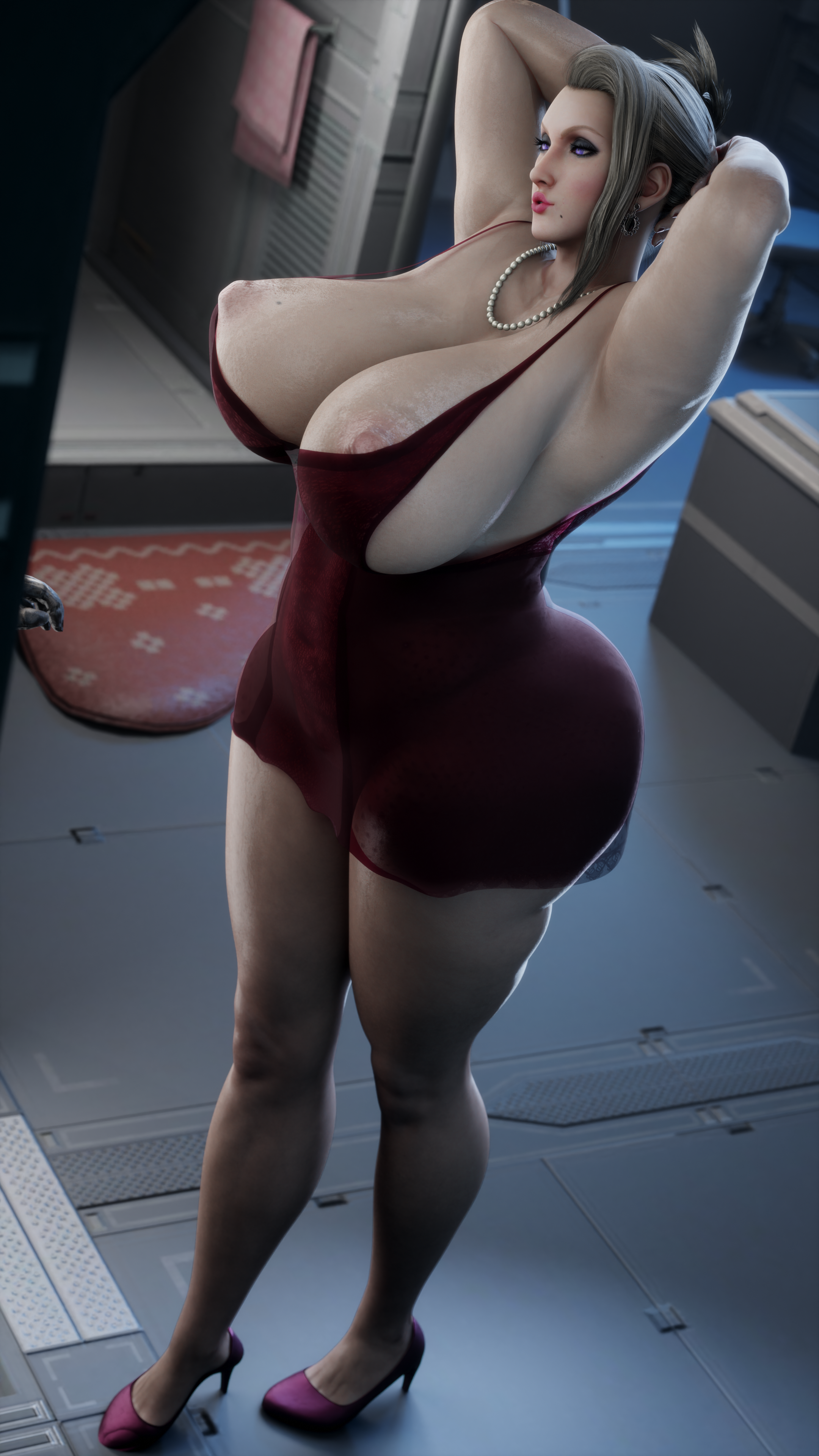 1girls, 3d, 3d (artwork), ass, bare shoulders, bracelet, breasts, curvaceous, curvy, disembodied hand, eyelashes, eyeliner, female, final fantasy, final fantasy vii, final fantasy vii remake, hi res, high heels, highres, huge ass, huge breasts, human, indoors, large breasts, mature, mature female, milf, pearl necklace, pervertmuffinmajima, red dress, scarlet (ffvii), sitting, square enix, venus body