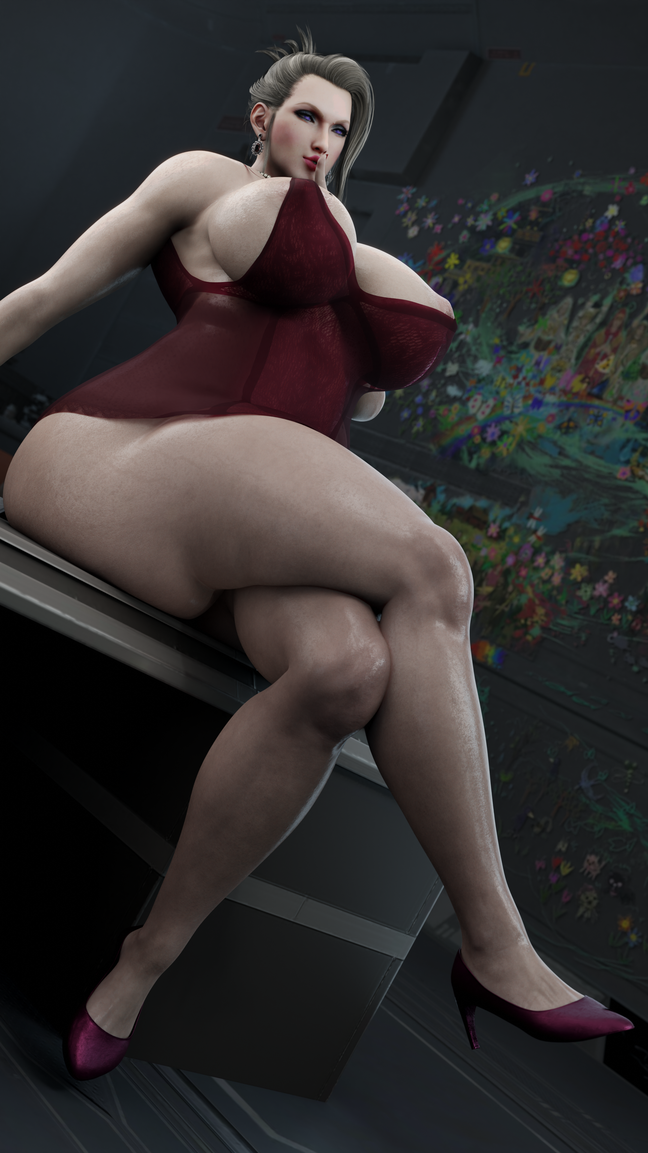 1girls, 3d, 3d (artwork), ass, bare shoulders, big ass, big breasts, blonde hair, bracelet, breasts, curvaceous, curvy, eyelashes, eyeliner, female, final fantasy, final fantasy vii, hi res, high heels, highres, huge ass, huge breasts, human, indoors, large breasts, mature, mature female, milf, pearl necklace, pervertmuffinmajima, red dress, scarlet (ffvii), sitting, square enix, thick thighs, venus body