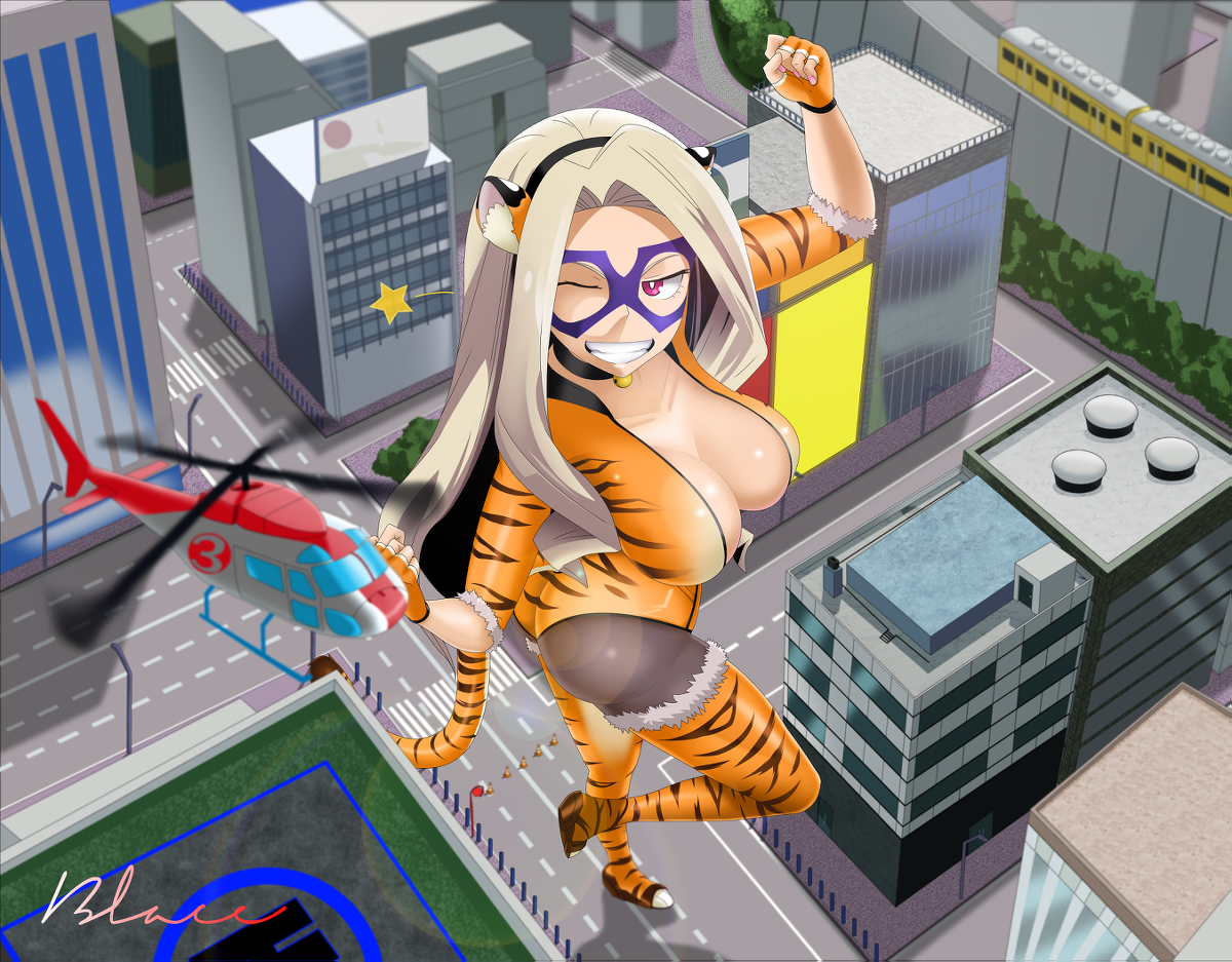 1girls, ass, breasts, chaos blace, city, female, giantess, helicopter, light skin, light-skinned female, long hair, mount lady, my hero academia, thighs, voluptuous, year of the tiger, yuu takeyama