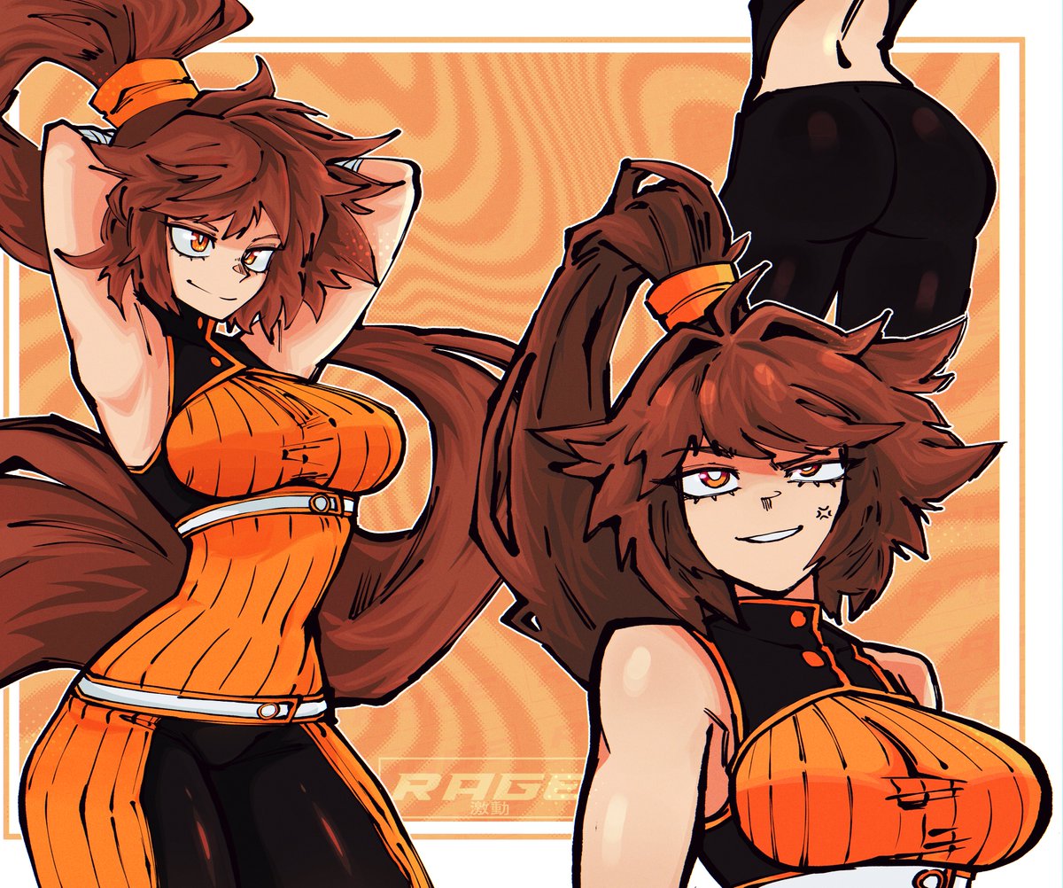 1girls, armpits, ass, breasts, brown hair, dungeon and fighter, female, fit, fit female, light skin, light-skinned female, looking at viewer, smiling at viewer, striker (dungeon and fighter), thighs