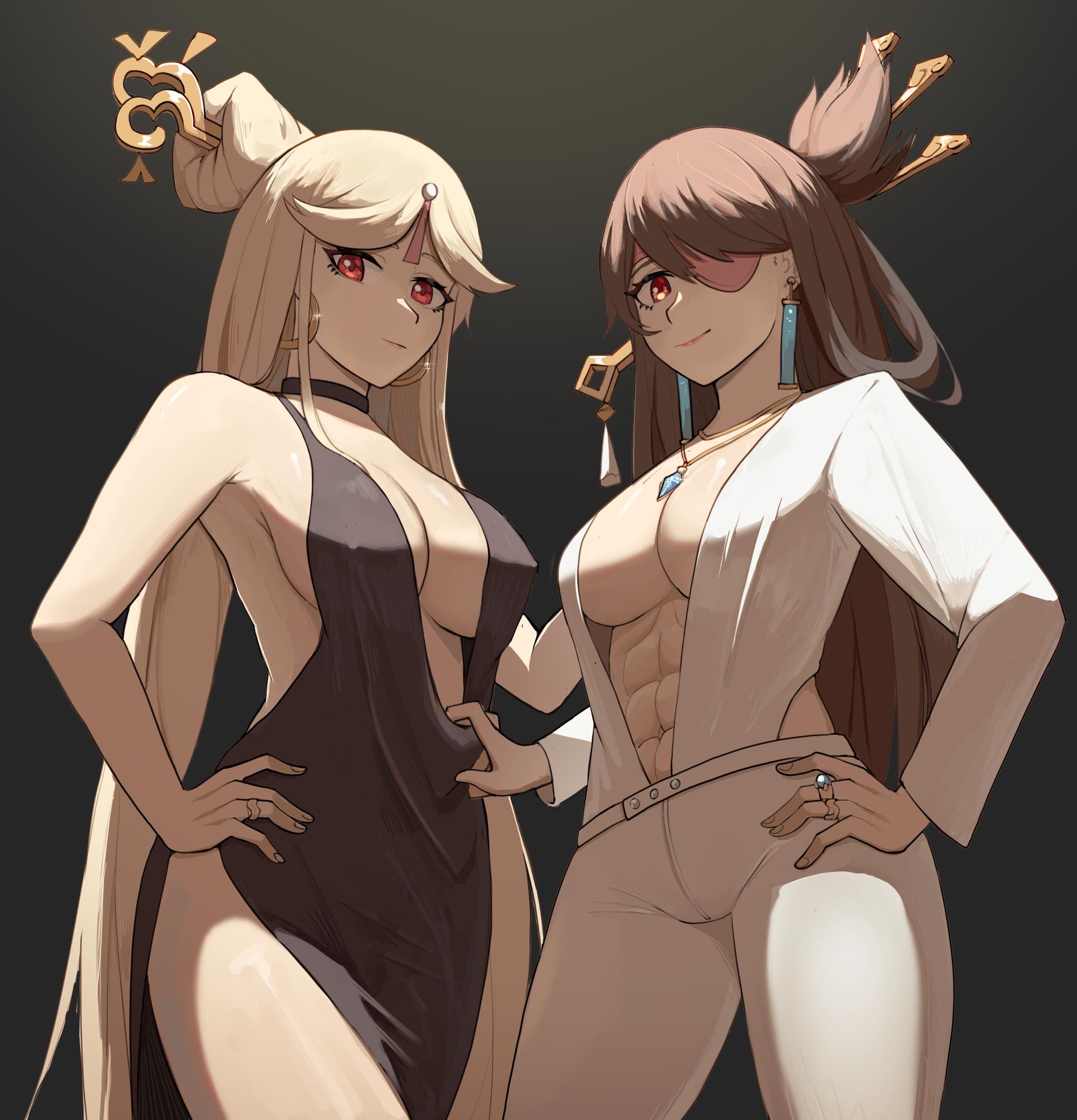 2girls, beidou (genshin impact), cleavage, cleavage cutout, dress, eyepatch, female, genshin impact, long hair, multiple females, multiple girls, ningguang (genshin impact), suit, white suit, yellow glasses (lewd glasses), yuri