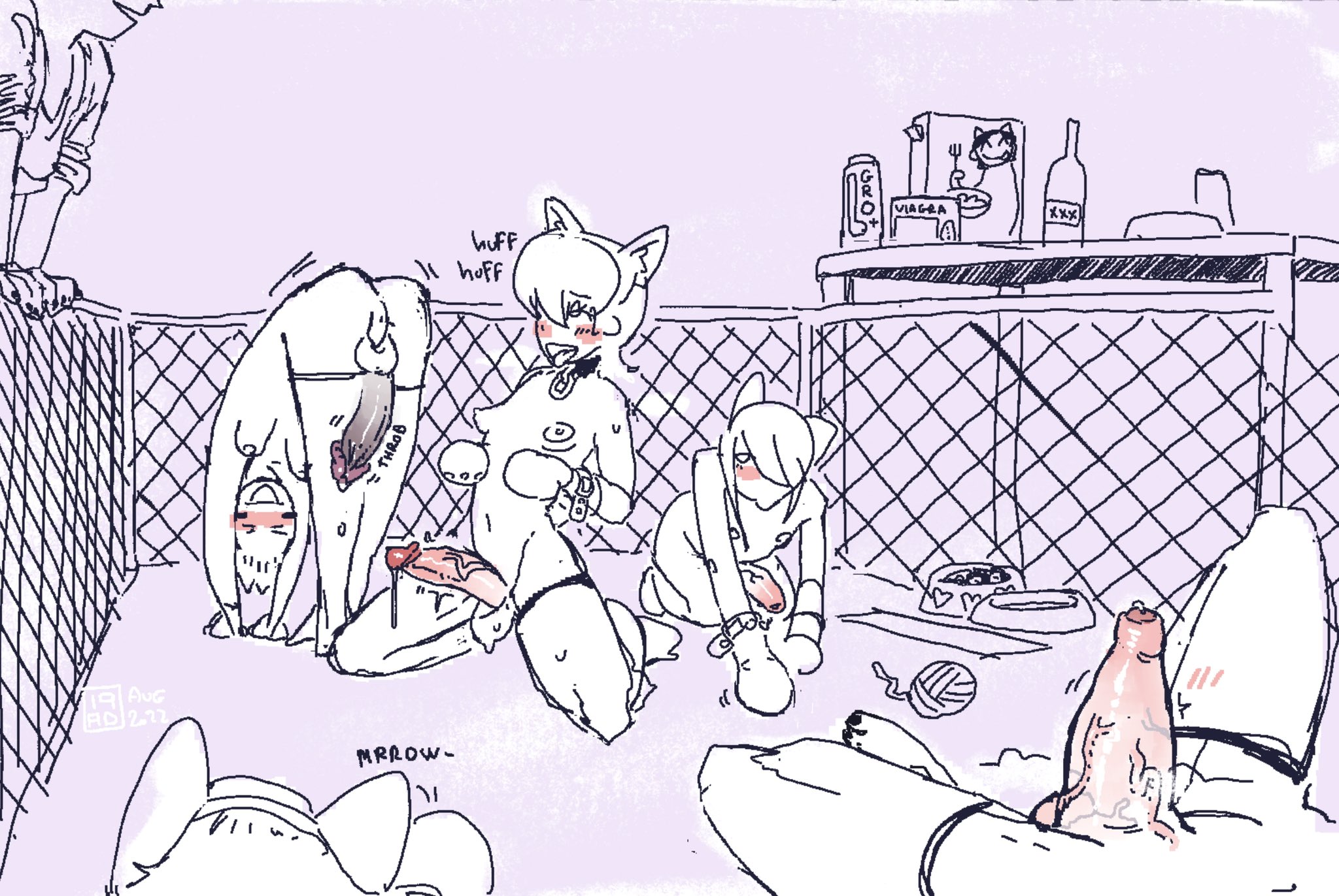 19ad, 5futas, areolae, balls, big penis, blush, breasts, cat ears, cock-tail, erection, feline humanoid, futa focus, futanari, heavy breathing, human, intersex, kneeling, monochrome, nipples, nude, penis, petplay, precum, sketch, spread legs, tongue, tongue out