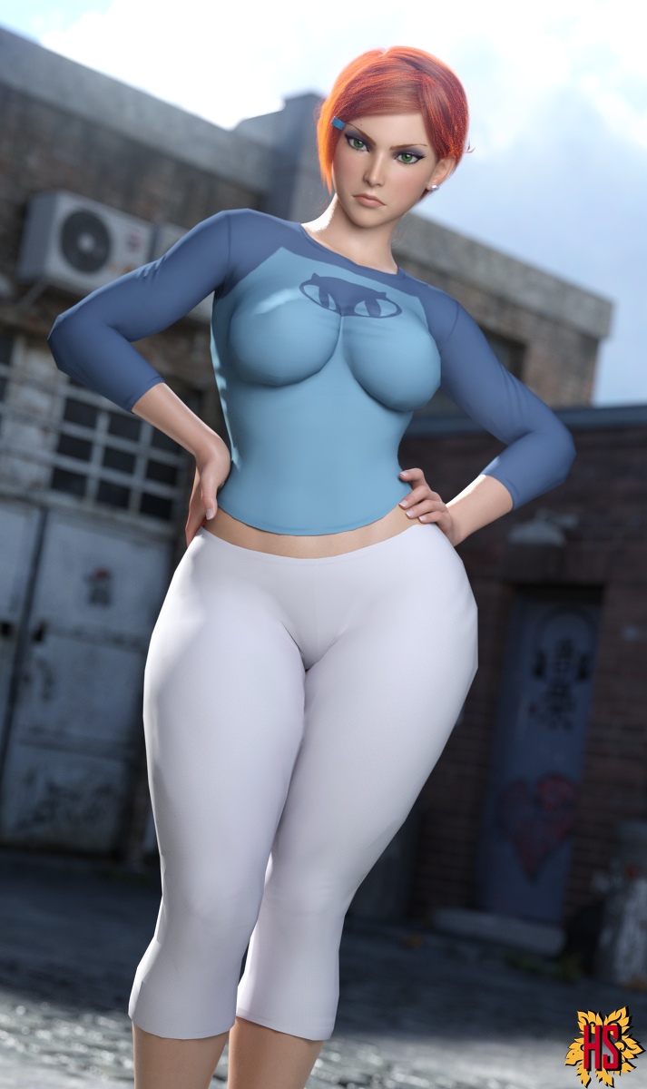 1girls, 3d, aged up, alternate version available, ass, ben 10, ben 10 (classic), breasts, cartoon network, curvy, female, female only, ginger, ginger hair, green eyes, gwen tennyson, gwen tennyson (classic), hagiwara studio, huge ass, huge breasts, orange hair, realistic, red hair, short hair, solo, thick lips, voluptuous, wide hips