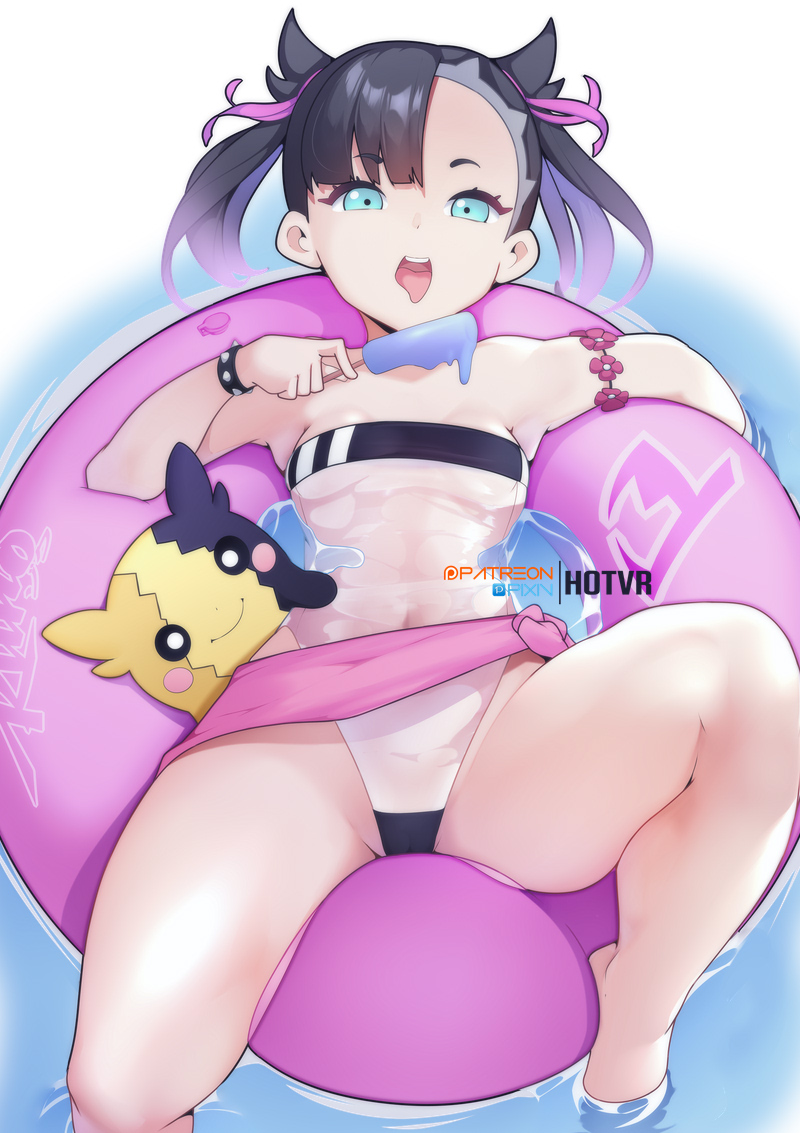 1girls 2020s 2022 black_hair female female_only floatie food generation_8_pokemon gris_swimsuit holding_object hotvr light-skinned_female light_skin marnie_(pokemon) medium_breasts morpeko nintendo one-piece_swimsuit petite pokémon_(species) pokemon pokemon_ss popsicle revealing_clothes see-through see-through_clothing short_hair slim_body slim_waist swimsuit teal_eyes twintails wet wet_body