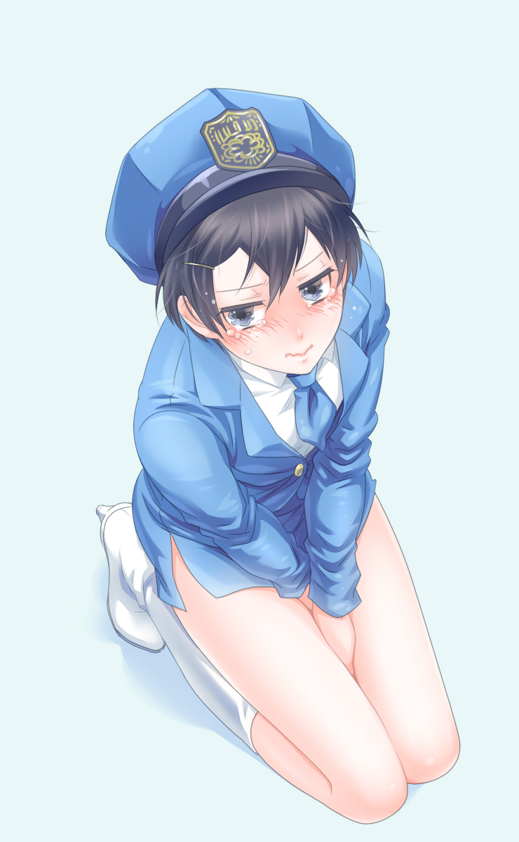 alternate_costume androgynous black_hair blue_eyes blush boots crossdressing crying crying_with_eyes_open embarrassed femboy full_body gintama hairclip high-angle_view hijikata_toshiro humiliation kneeling konikou_(konico) looking_away male male_only miniskirt necktie police police_hat police_uniform short_hair side_slit solo tears trap twink uniform wavy_mouth