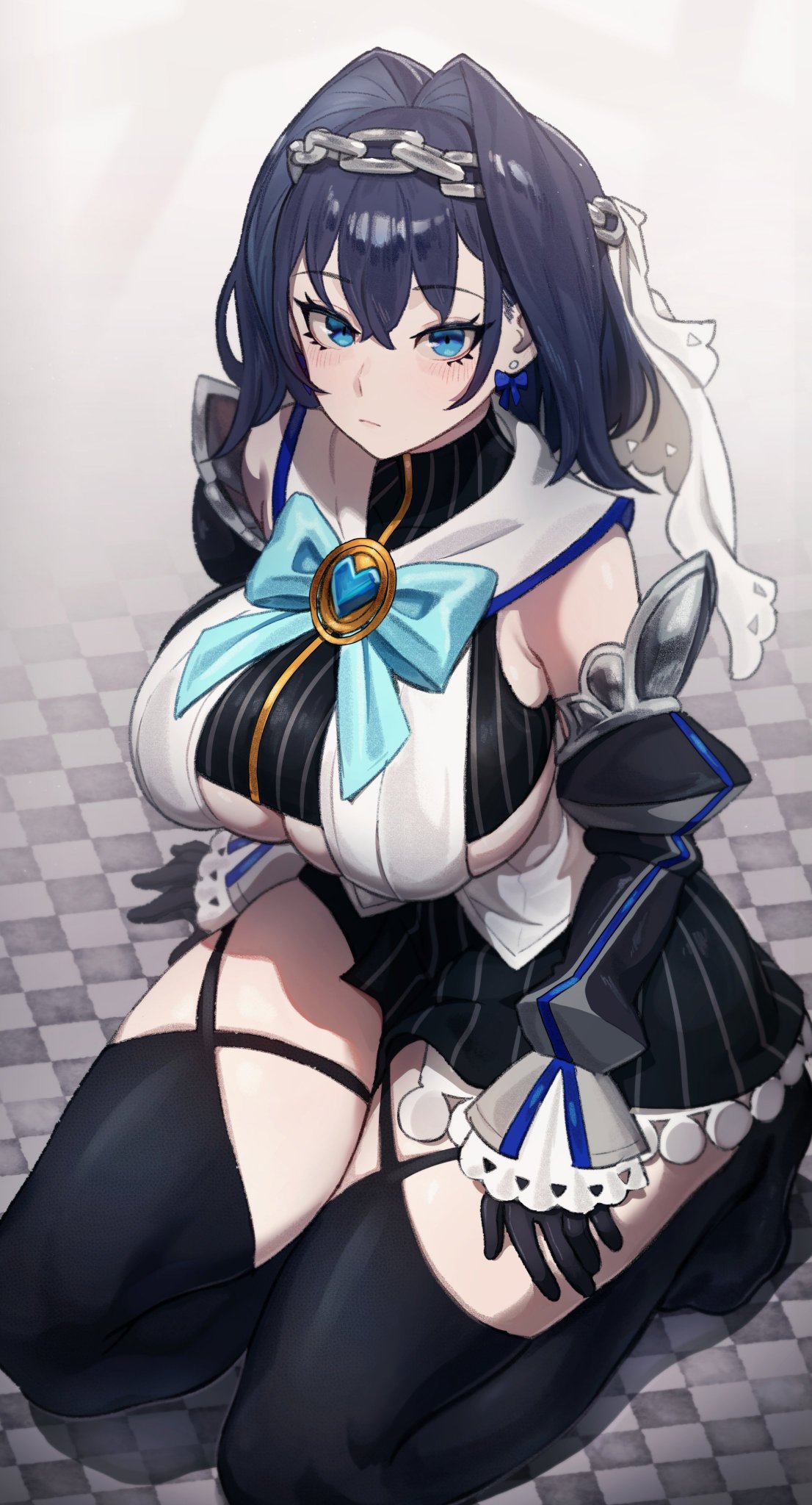 big breasts, blue eyes, blue hair, breasts, chains, earrings, female, headwear, hololive, hololive english, hololive english -council-, hololive english -promise-, on knees, ouro kronii, ribbon, short hair, thick thighs, thighhighs, thighs, veil, virtual youtuber