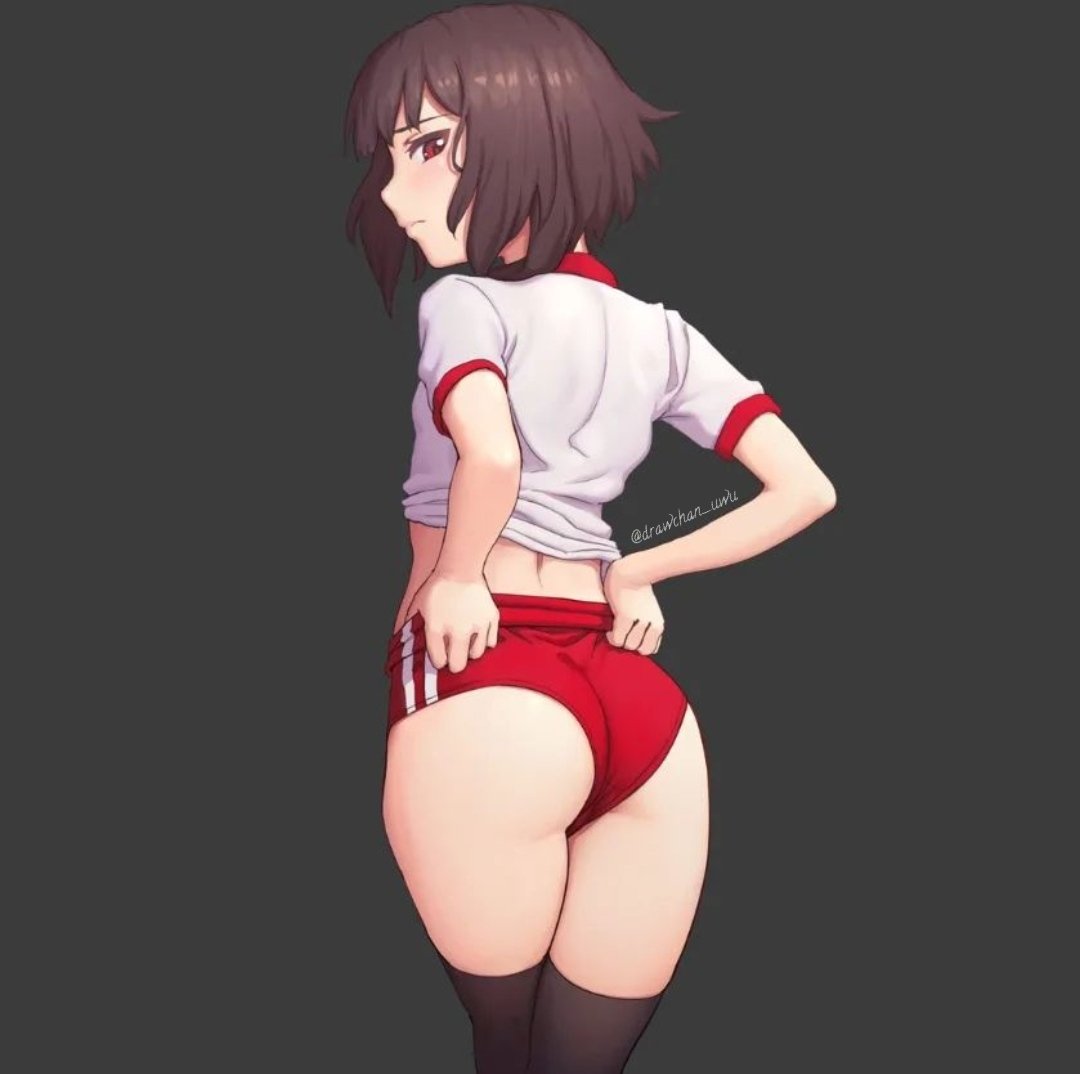 1girls, ass, bloomers, blush, brown hair, buruma, drawchan, embarrassed, female, female focus, female only, gym uniform, kono subarashii sekai ni shukufuku wo!, legwear, looking back, megumin, red eyes, short hair, solo, solo female, solo focus, thighhighs, thighs