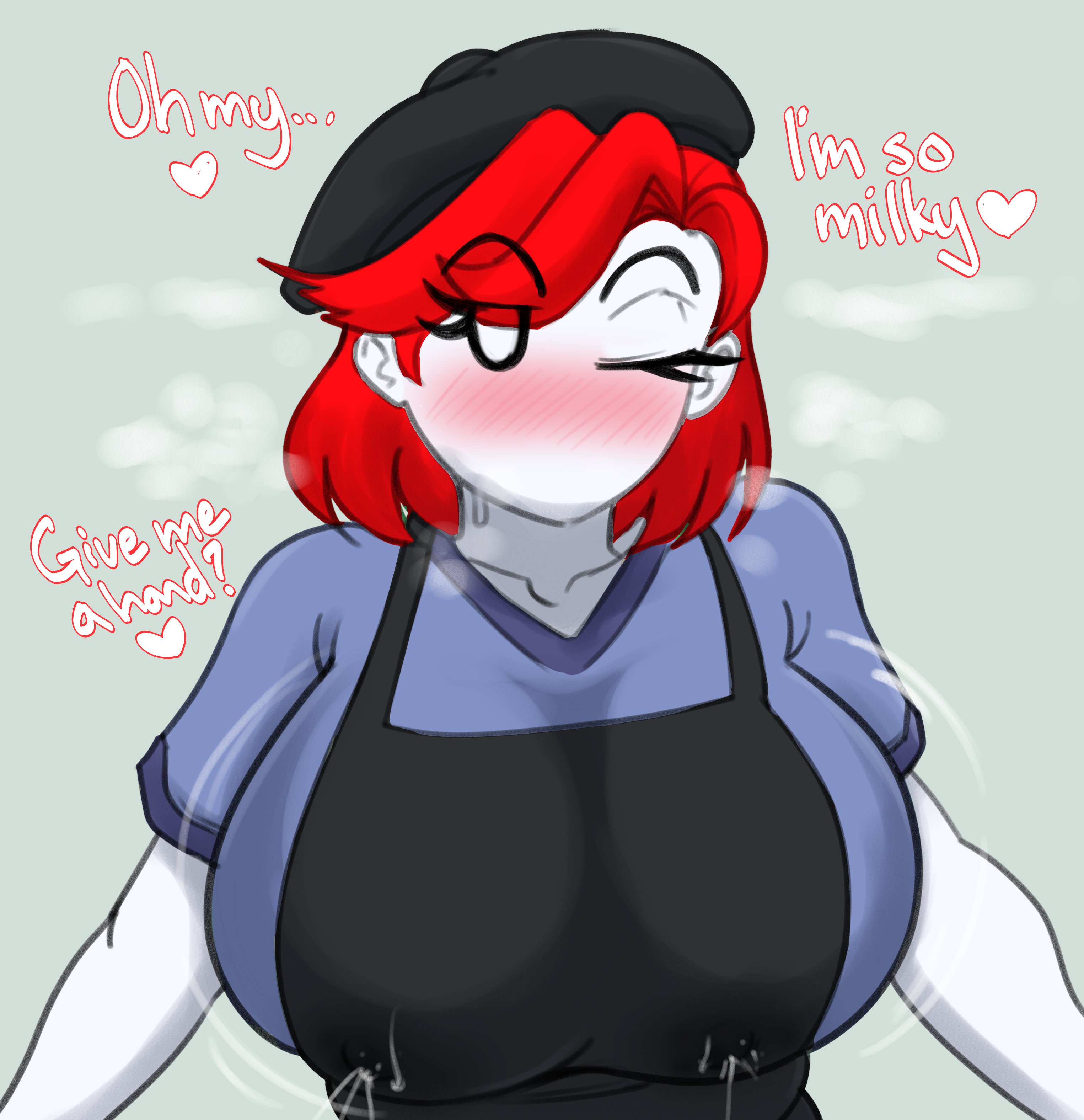 apron, beret, big breasts, blush, blushing, breasts, doocen, fanart, female, horny female, huge breasts, hyper breasts, lactating, lactation, lactation through clothes, large breasts, looking at viewer, massive breasts, no mouth, no pupils, original, original character, red hair, shaking breasts, sweat, top heavy, white skin, wink