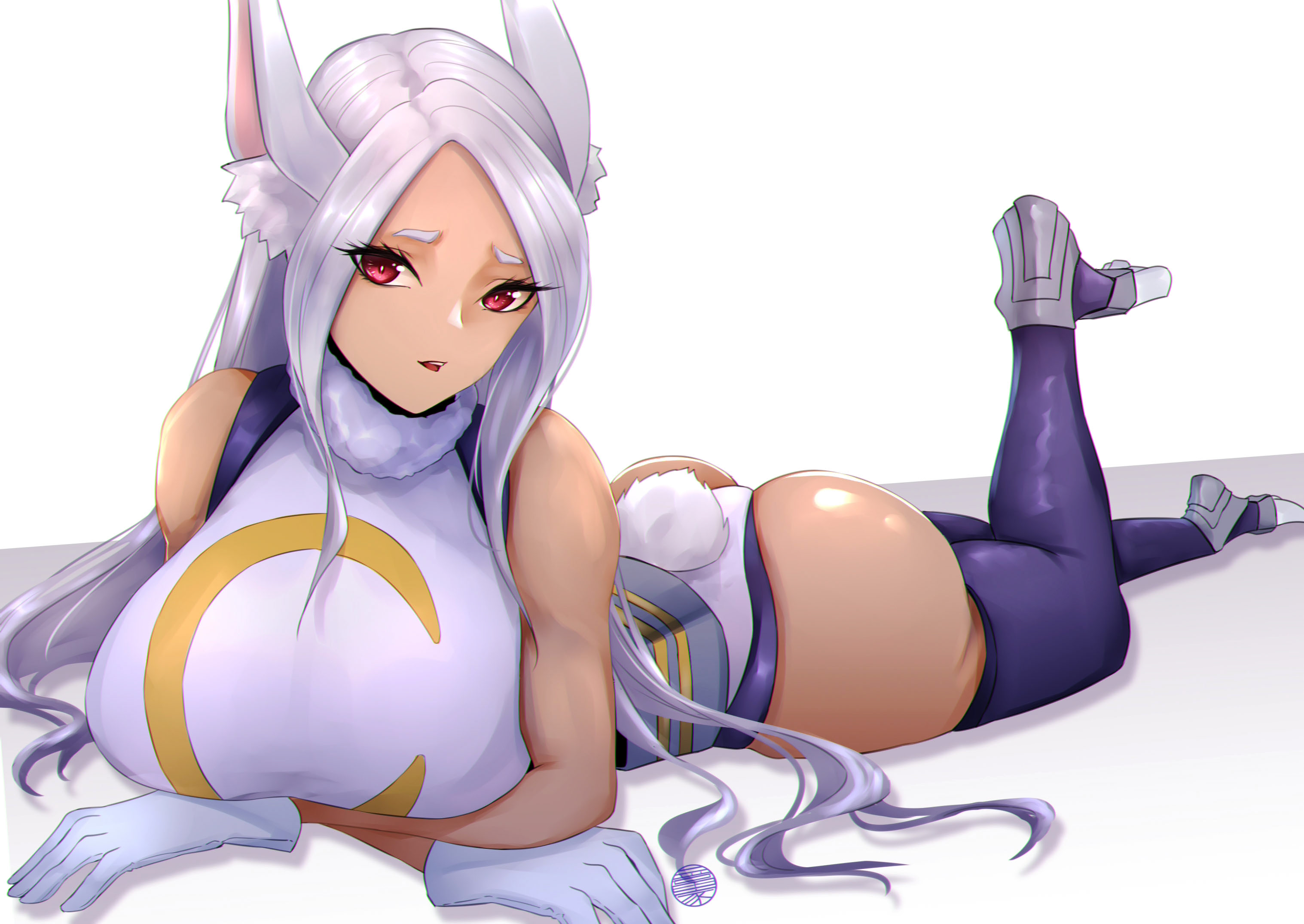 1girls, absurd res, ass, bare shoulders, big ass, big breasts, big butt, breasts, bunny ears, bunny girl, bunny tail, busty, curvaceous, curvy, curvy body, curvy female, curvy figure, curvy hips, female, female only, hi res, highres, huge breasts, jrpuls3, large ass, large breasts, legwear, leotard, long hair, looking at viewer, miruko, my hero academia, narrow waist, on stomach, parted lips, rabbit ears, rabbit girl, rabbit tail, red eyes, rumi usagiyama, shiny, shiny skin, simple background, solo, thick, thick ass, thick legs, thick thighs, thigh highs, thighhighs, thighs, white background, white hair, wide hips