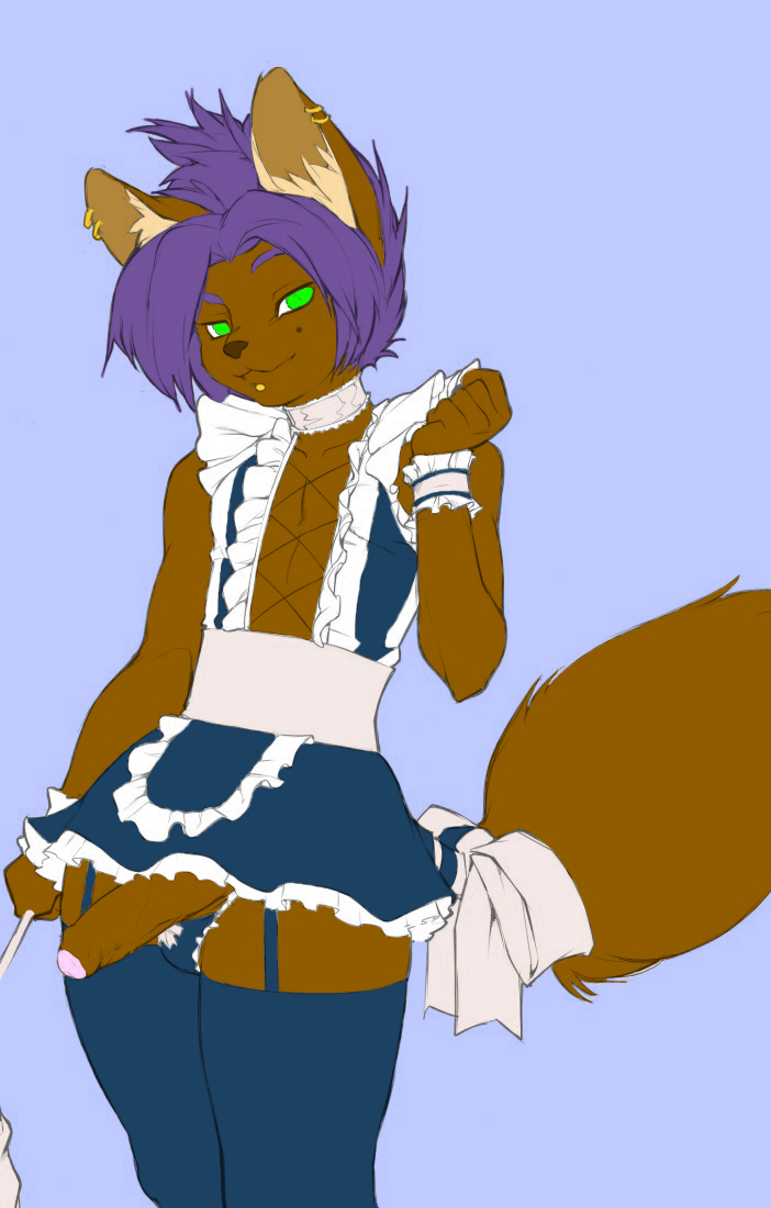 1boy anthro bottomless canine color crossdressing duster fox fur furry katsumifur maid maid_uniform male male_only midriff onta peeping penis piercing solo uncut