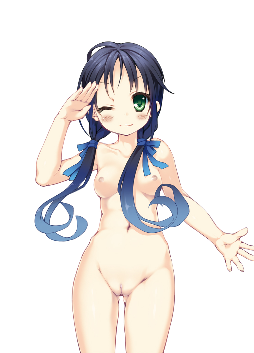 black_hair breasts female green_eyes highres kantai_collection long_hair nipples nude ochinsama personification pussy solo suzukaze_(kantai_collection) uncensored wink