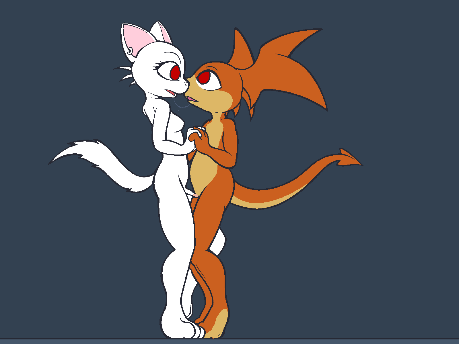 breasts color couple darkdoomer docking ear_piercing earring feline furry herm intersex kissing kittie male mokvwap ms_paint nude patachu piercing pixel red_eyes scalie